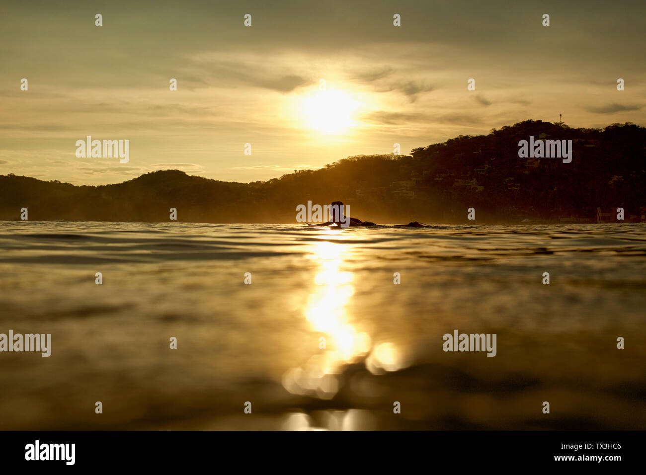 Silhouette jeune homme portant sur une planche de surf sur l'océan au coucher du soleil, tranquille, Sayulita Nayarit, Mexique Banque D'Images