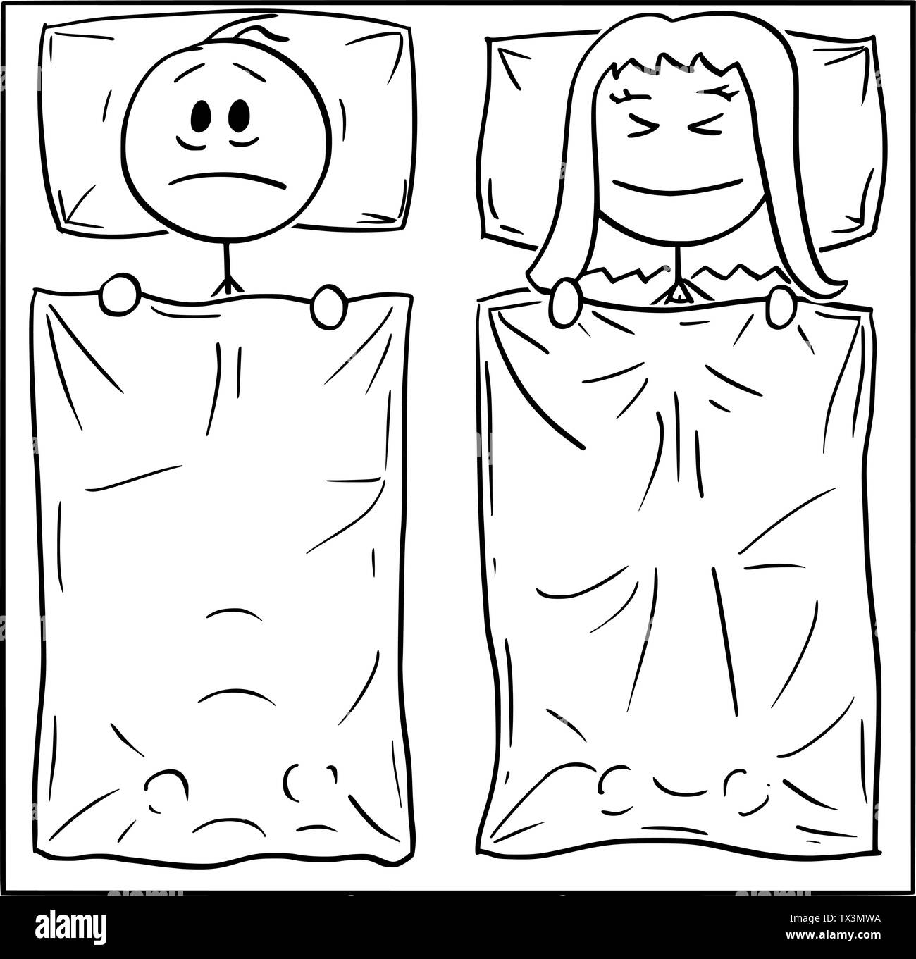 Vector cartoon stick figure dessin illustration conceptuelle du couple Lying in Bed, femme dort, l'homme ne peut pas dormir, penser à problème ou souffrant d'insomnie. Illustration de Vecteur