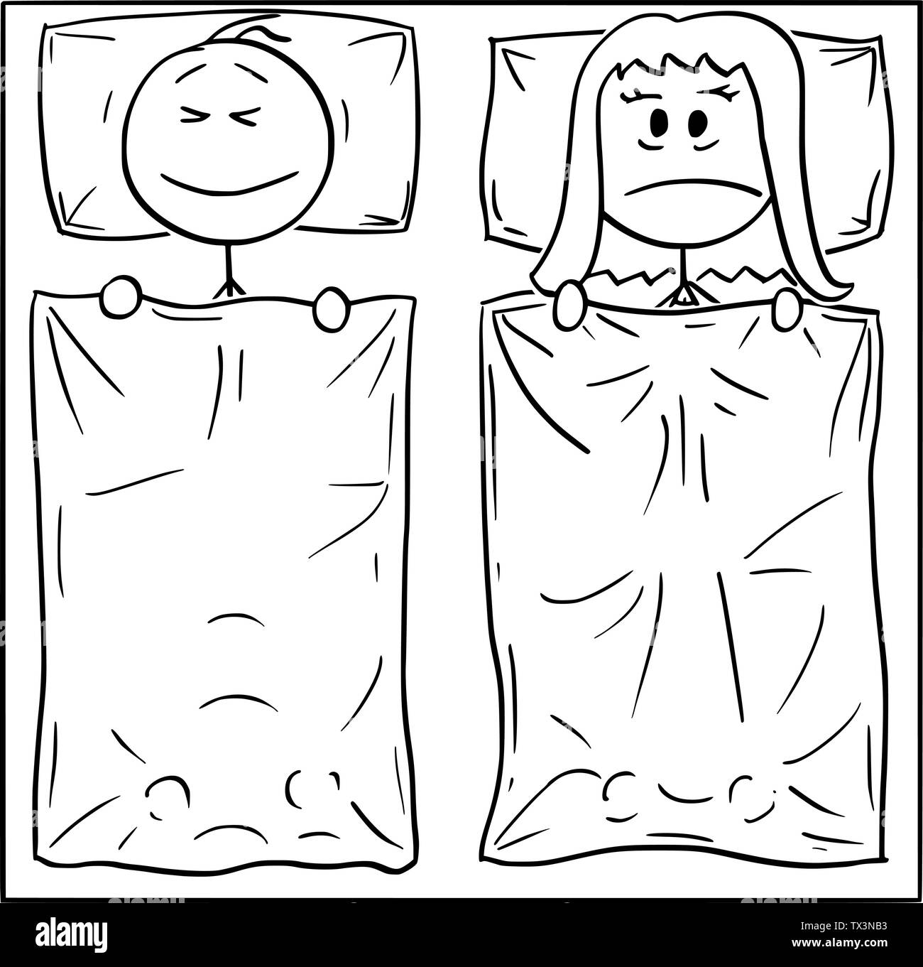 Vector cartoon stick figure dessin illustration conceptuelle du couple Lying in Bed, l'homme est en train de dormir, la femme n'arrive pas à dormir, pensant à problème ou souffrant d'insomnie. Illustration de Vecteur