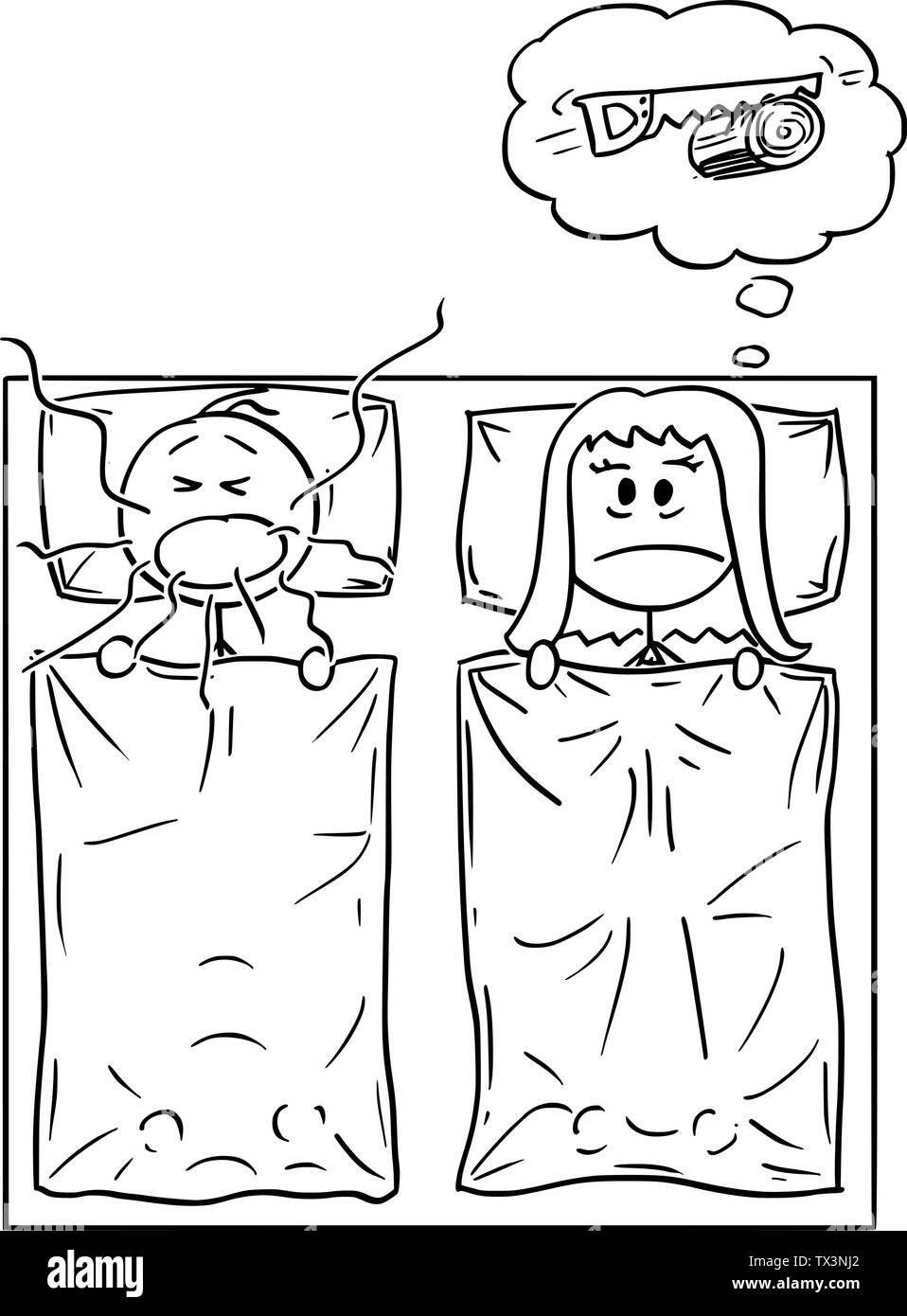 Vector cartoon stick figure dessin illustration conceptuelle du couple au lit dans la chambre. L'homme est le ronflement bruyant et la femme ne peut pas dormir. Illustration de Vecteur