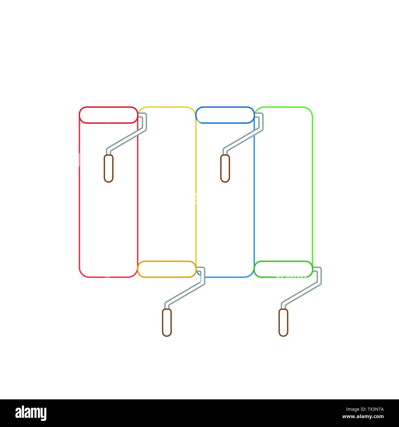 Icône vecteur concept de rouge, jaune, bleu et vert mur peinture pinceaux en quatre couleurs. Fond blanc et coloré. Illustration de Vecteur