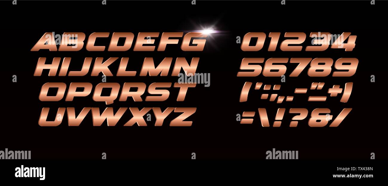 Des chiffres et des lettres de bronze. Metal texture gradient vector style alphabet latin. Typographie design. Illustration de Vecteur