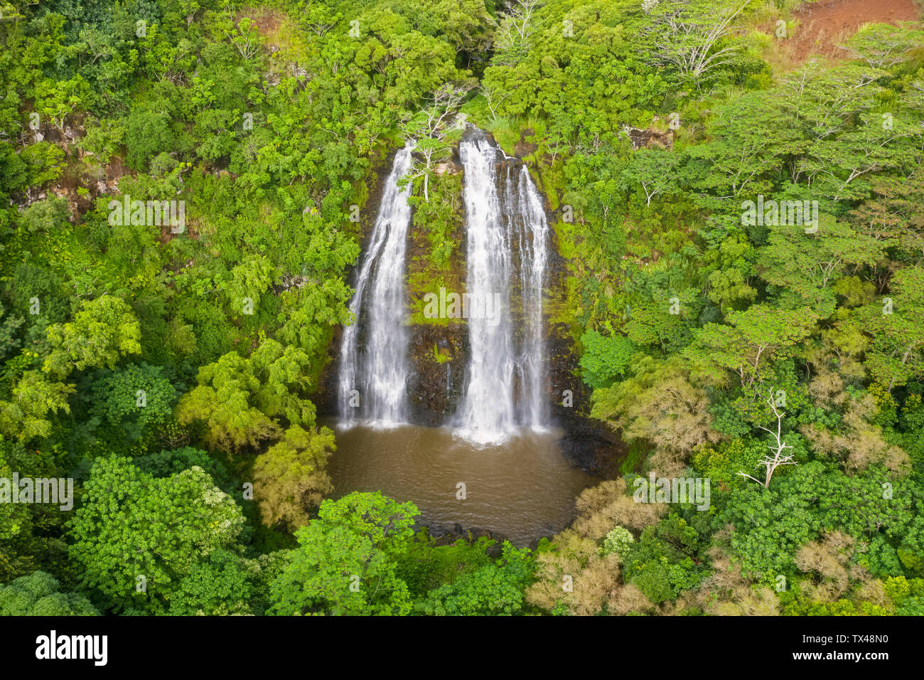 USA, Hawaii, Kauai, Wailua State Park, vue aérienne, les chutes de Opaekaa Banque D'Images