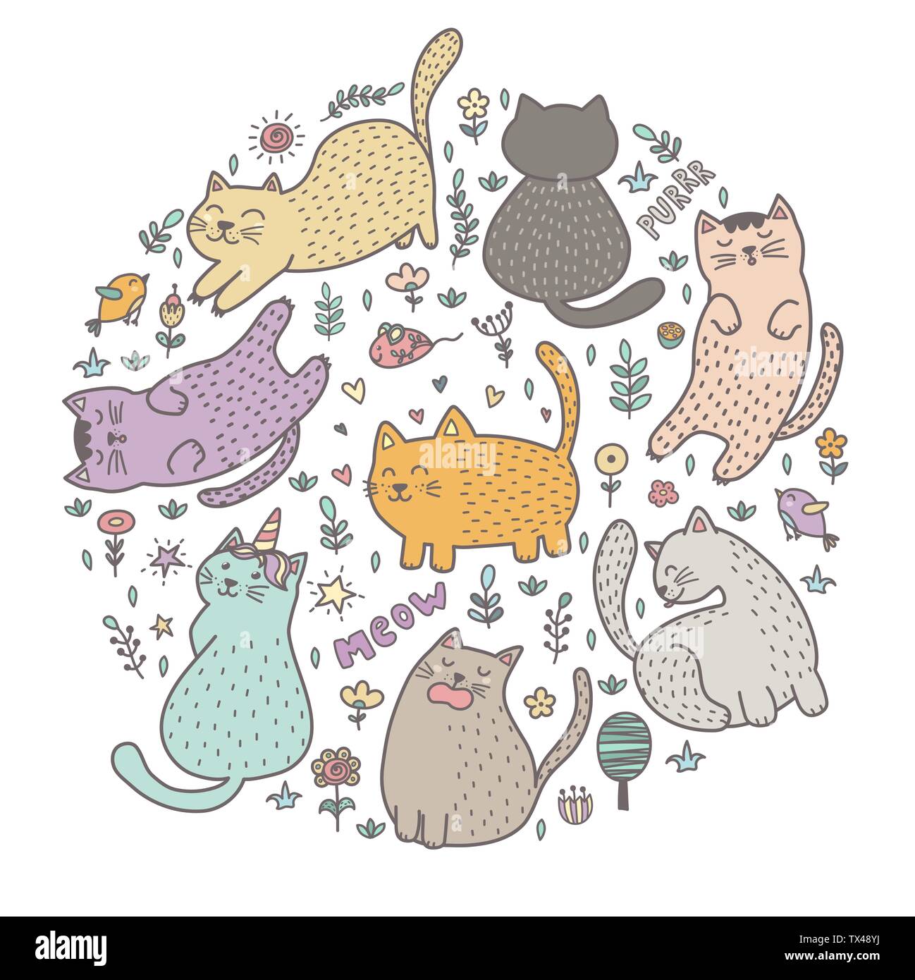 Forme du cercle imprimer avec cute cats. Grand motif rigolo pour t-shirts, sacs, tissus et textiles. Vector illustration Illustration de Vecteur