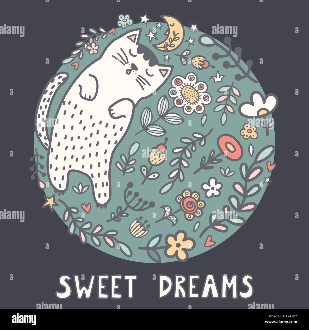 Doux rêves carte avec un mignon petit chat dormant dans les plantes. Vector illustratio Illustration de Vecteur