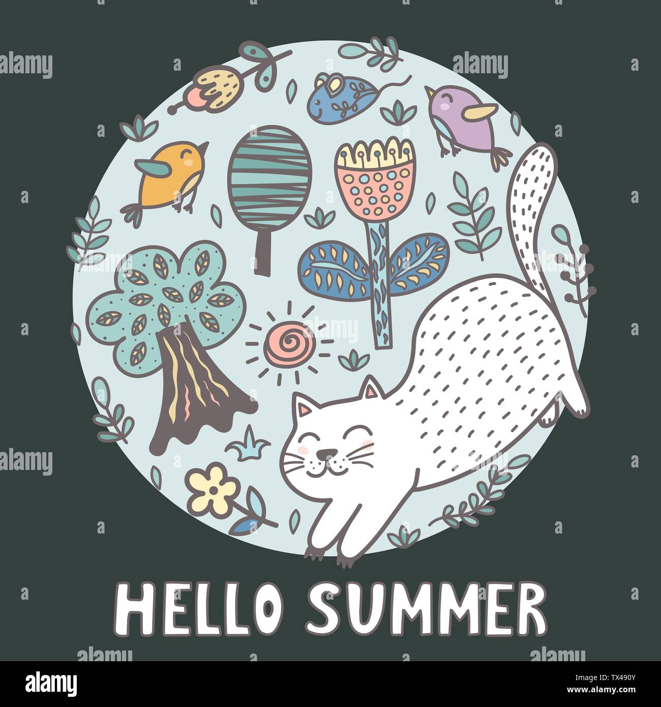 Hello summer imprimer avec un mignon petit chat. Carte drôle. Vector illustration Illustration de Vecteur