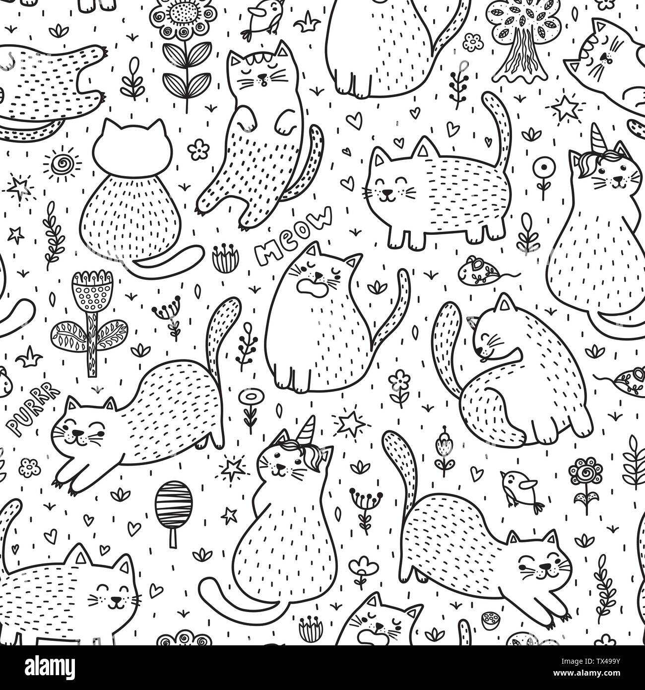 Cute cats à l'été modèle homogène. Noir et blanc fond doodle. Super pour livre à colorier. Vector illustration Illustration de Vecteur