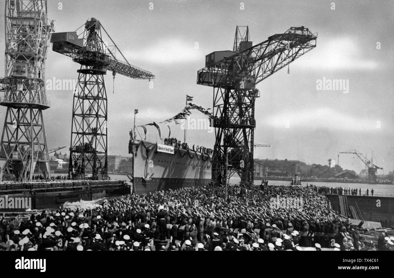 Admiral Graf Spee ironclad lancé sur 30.06.1934 au chantier naval de la Kriegsmarine à Wilhelmshaven. Les diapositives de la cale de navire à la construction du port. Dans le monde d'utilisation | Banque D'Images