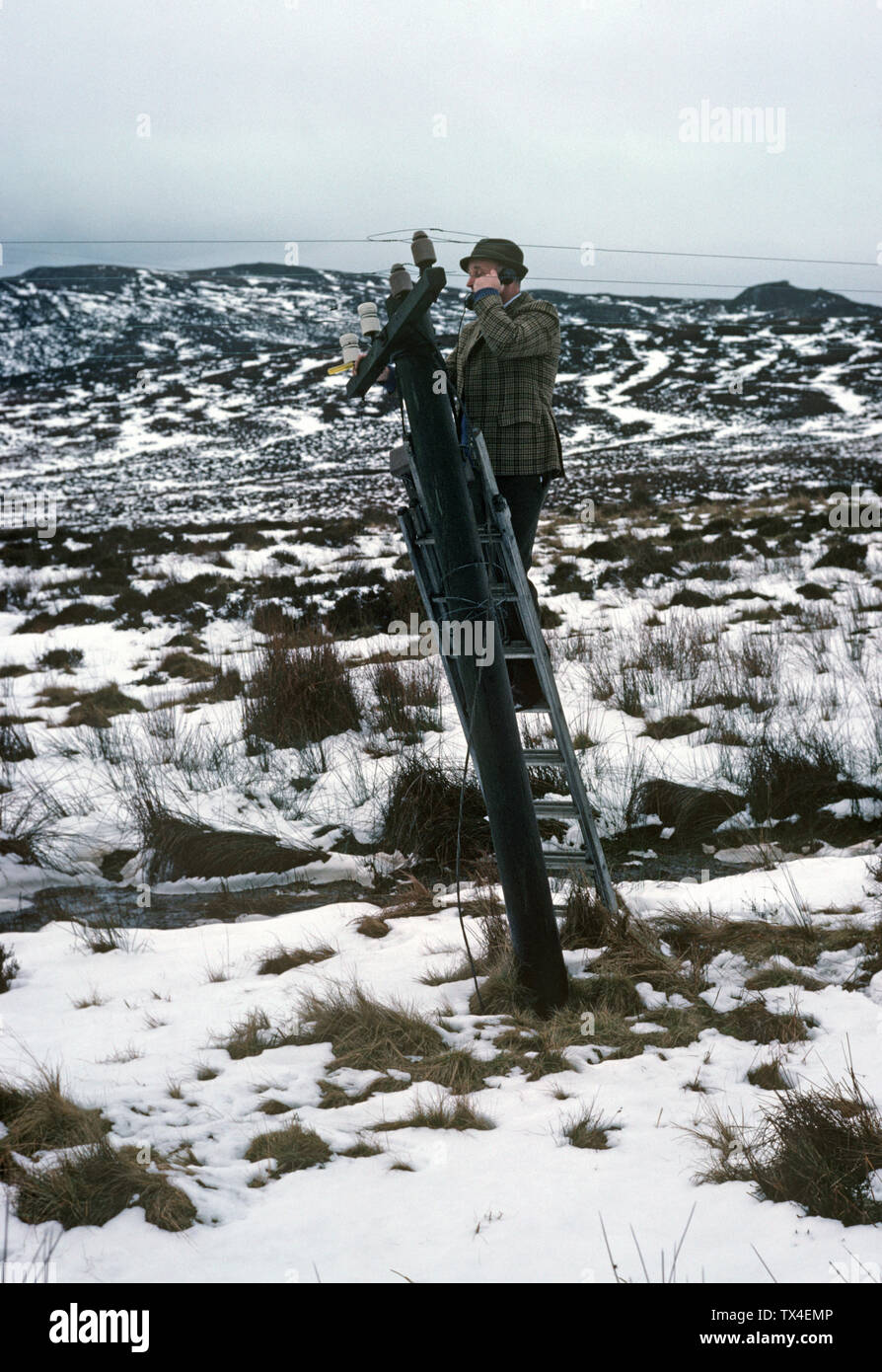 L'homme de réparation de téléphone sur le Mull of Kintyre, péninsule de Kintyre, Argyll and Bute, Ecosse. Mull of Kintyre rendu célèbre par la chanson à succès 1977 ' Mull of Kintyre' par résident de Kintyre, Paul McCartney et son groupe Wings. Banque D'Images