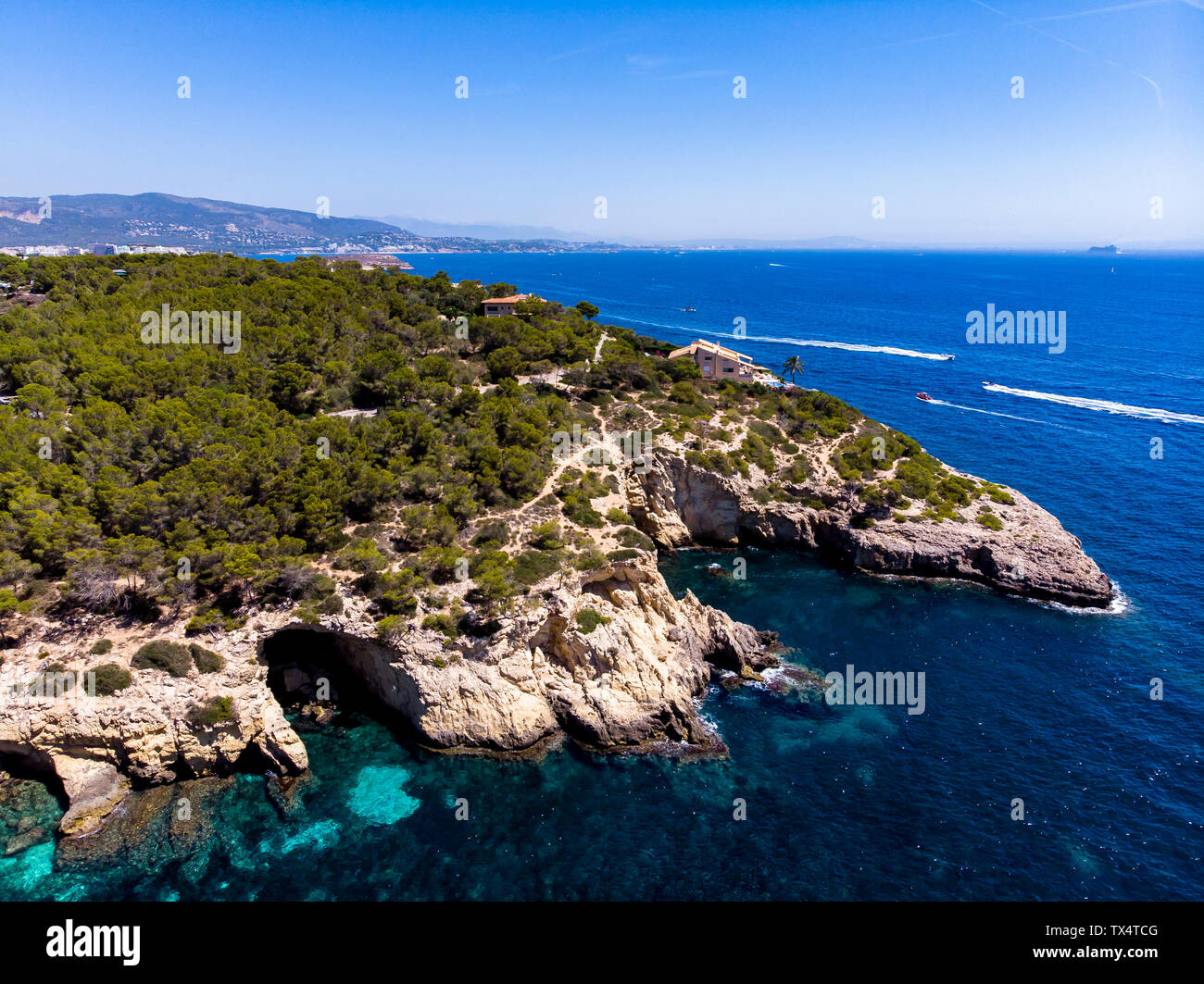 Espagne, Majorque, vue aérienne de la baie de Cala Falco et Cala Bella Donna Banque D'Images