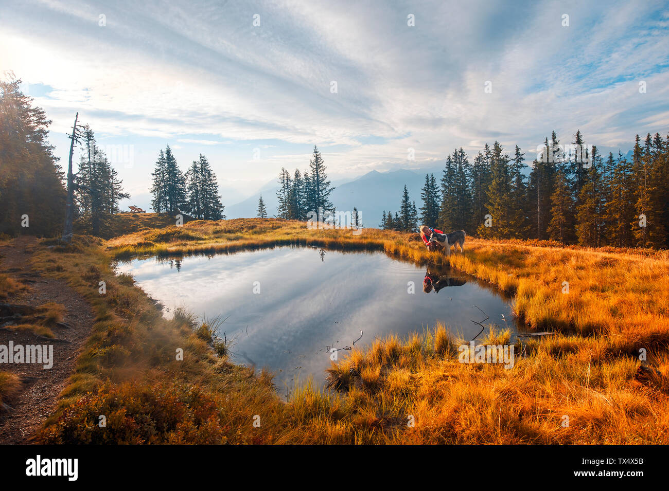 L'Autriche, l'état de Salzbourg, female hiker with dog Banque D'Images