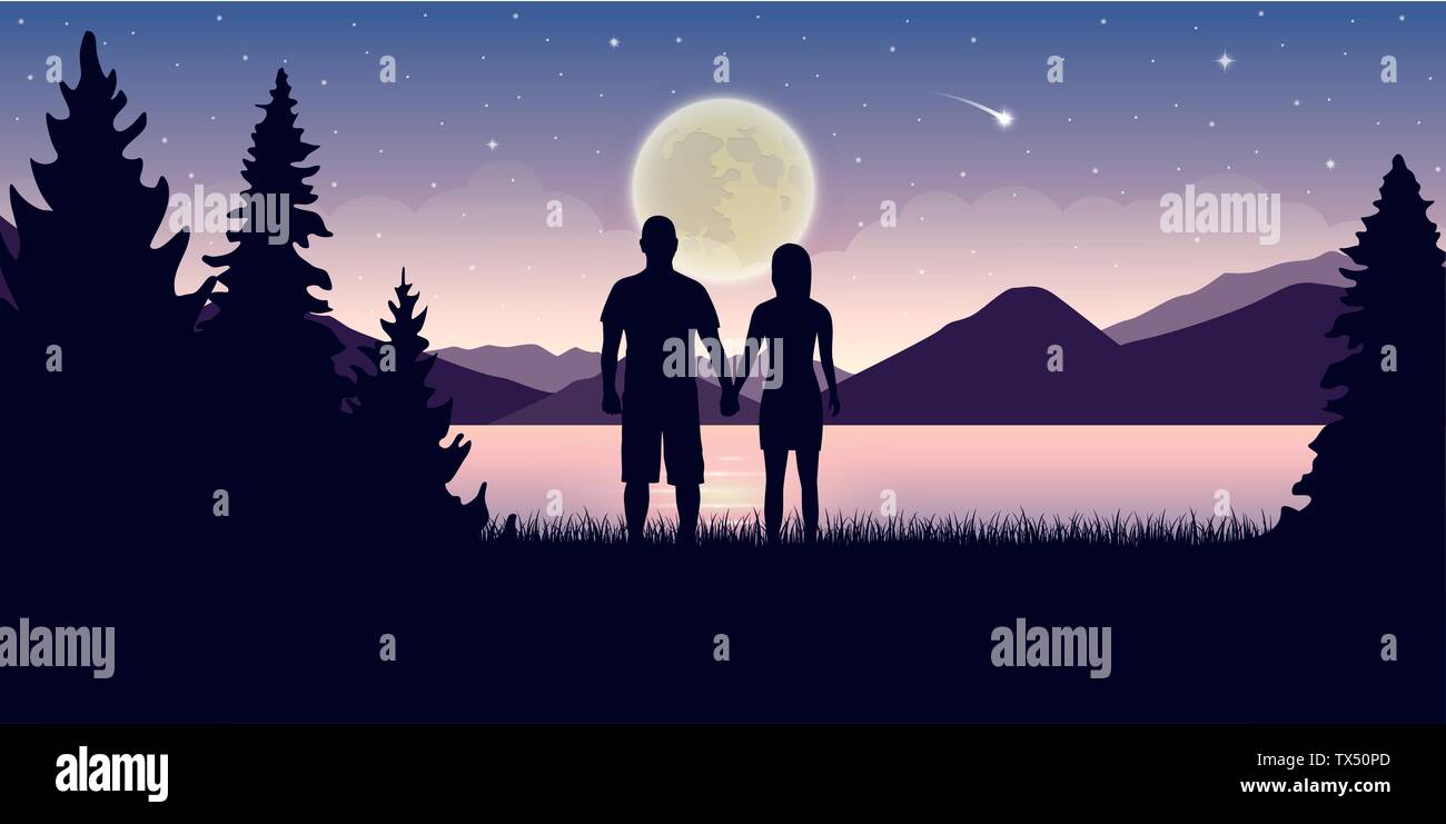 Couple in love au magnifique lac de nuit avec la pleine lune et ciel étoilé paysage mystique EPS10 vector illustration Illustration de Vecteur