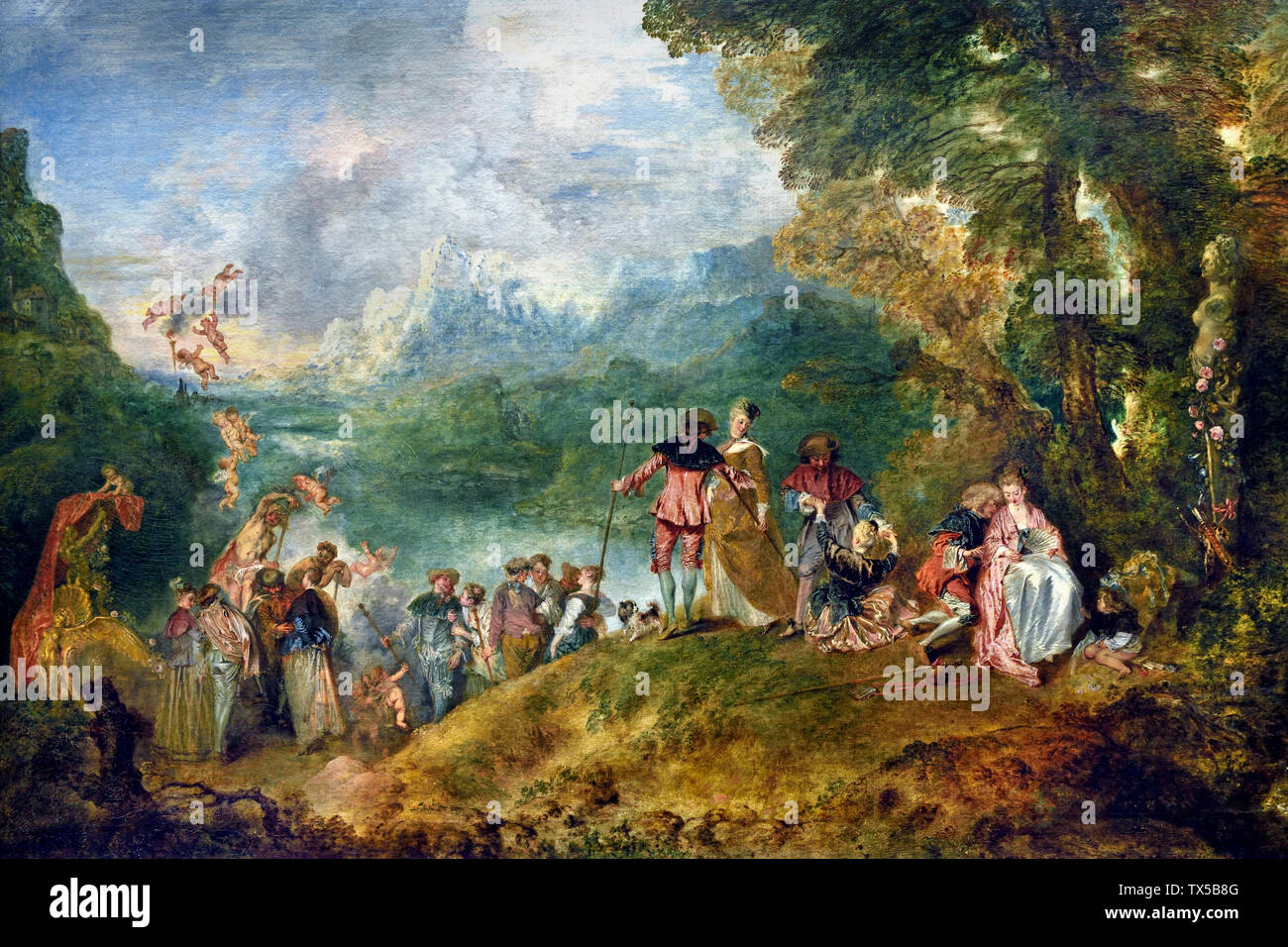 Pèlerinage à l'île de Cythère 1717 amateurs sont prêts à embarquer pour Cythère, ou sont-ils sur le point de quitter l'île de l'amour. JEAN ANTOINE WATTEAU 1684-1721 France, Français. Banque D'Images