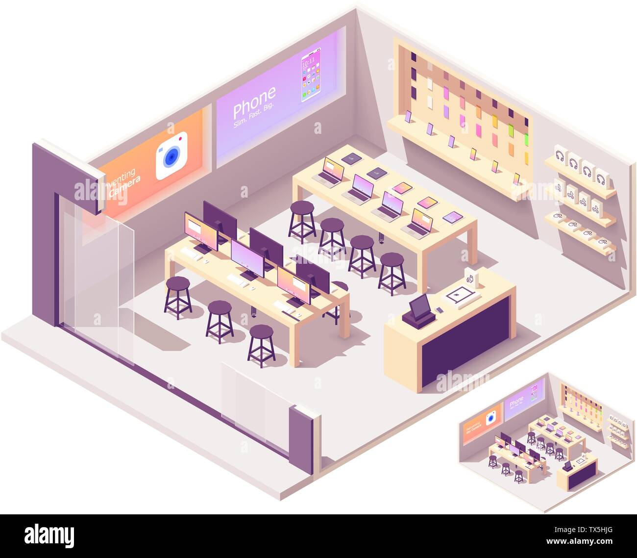 Les smartphones isométrique vectoriel et un magasin d'informatique Illustration de Vecteur