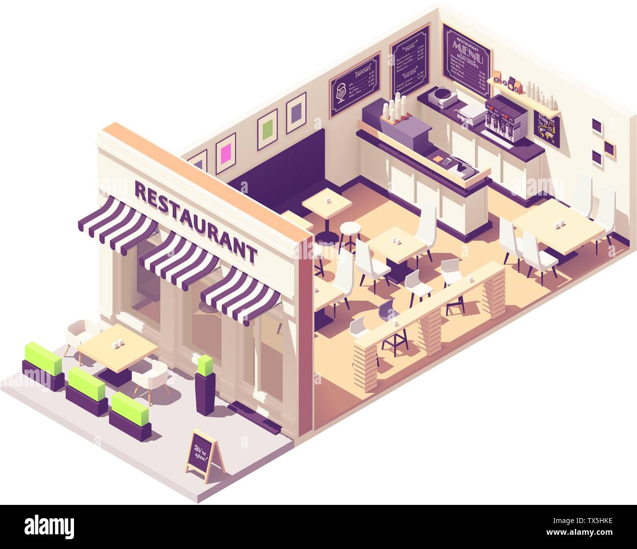 Restaurant isométrique vectoriel de section de l'intérieur Illustration de Vecteur
