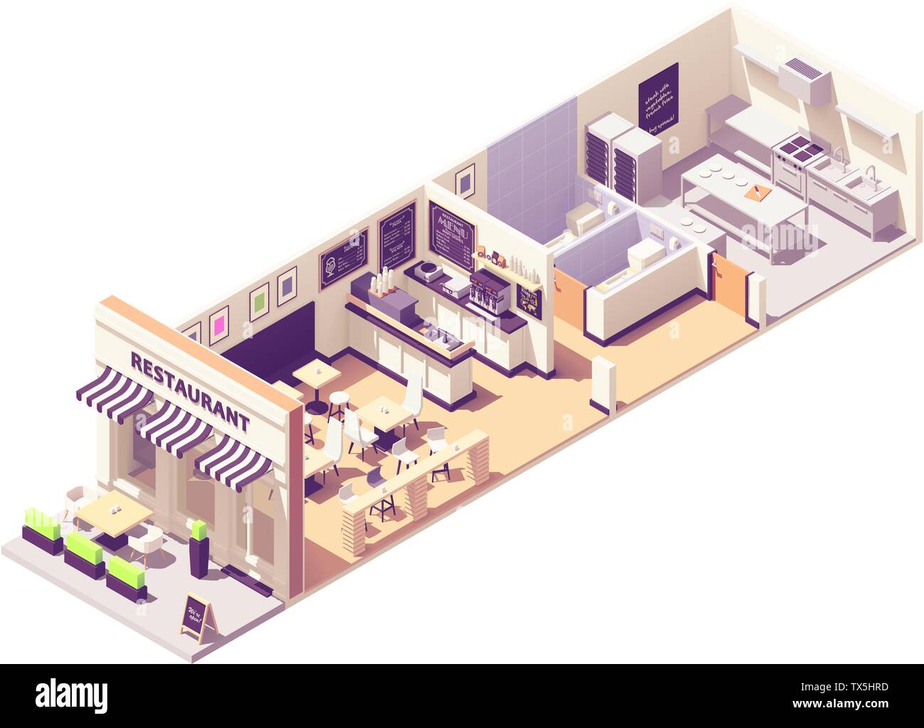 Restaurant isométrique vectoriel de section de l'intérieur Illustration de Vecteur