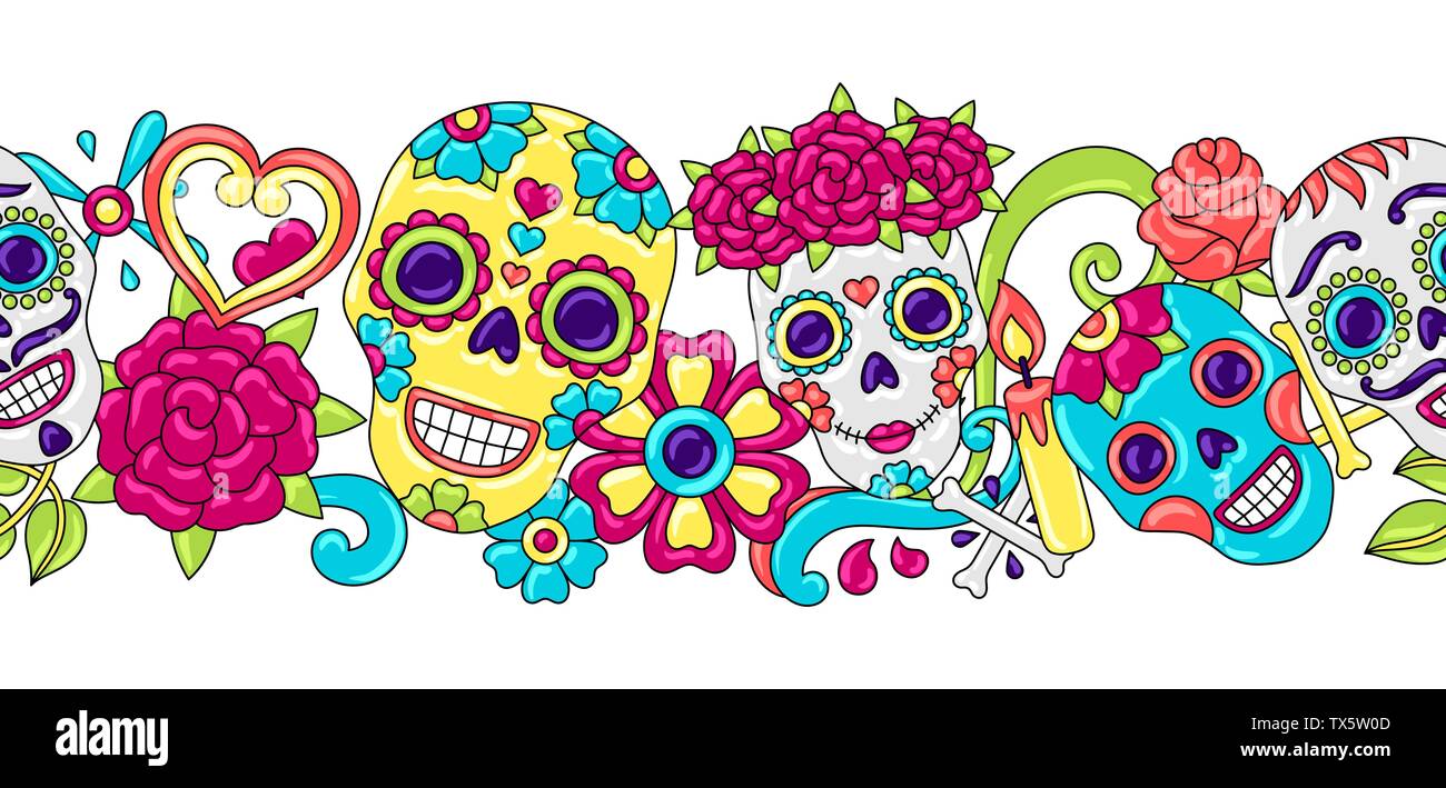 Le Jour des Morts motif transparent. Ornement floral avec des crânes de sucre. Illustration de Vecteur