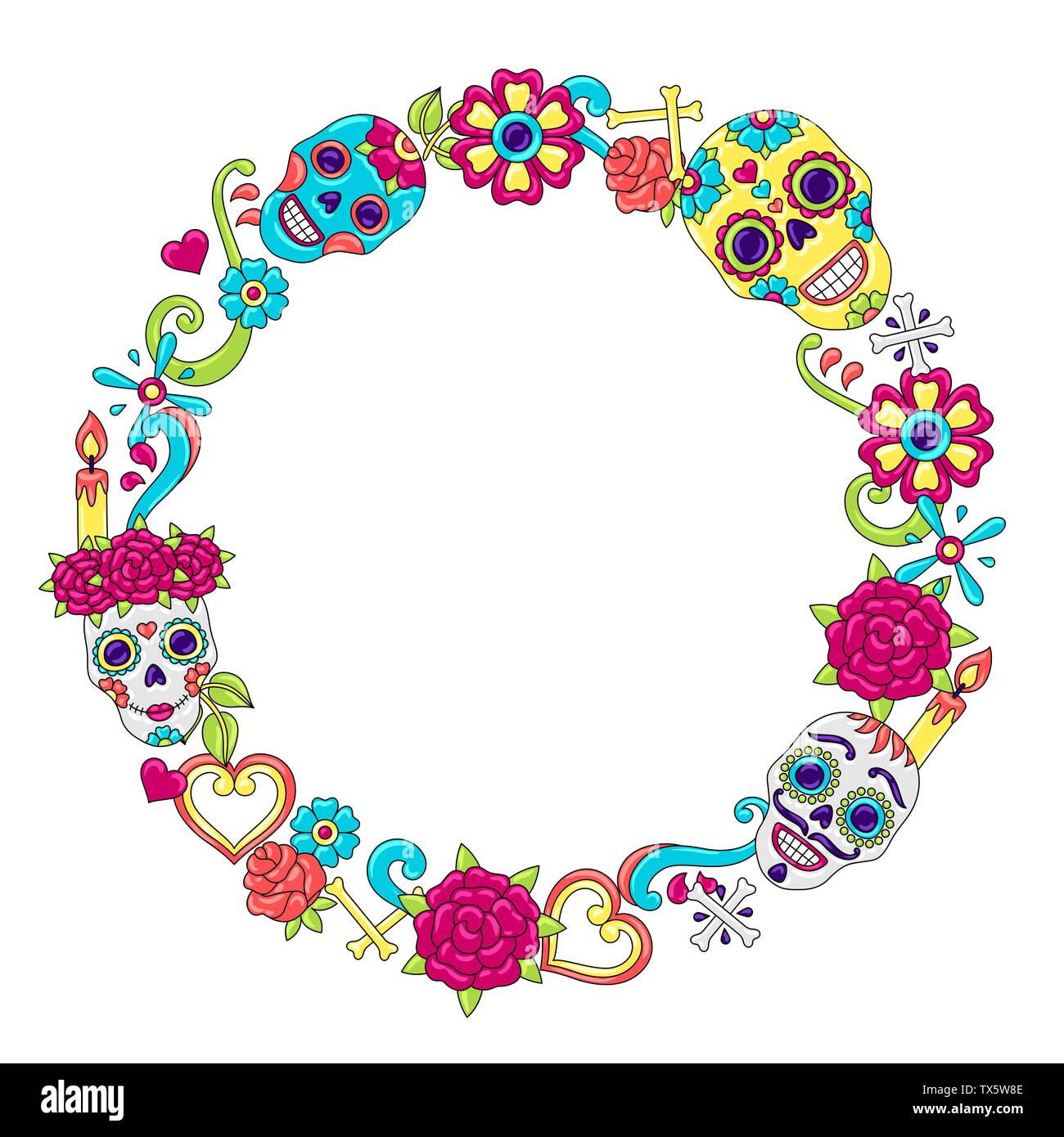 Le Jour des Morts la décoration. Ornement floral avec des crânes de sucre. Illustration de Vecteur