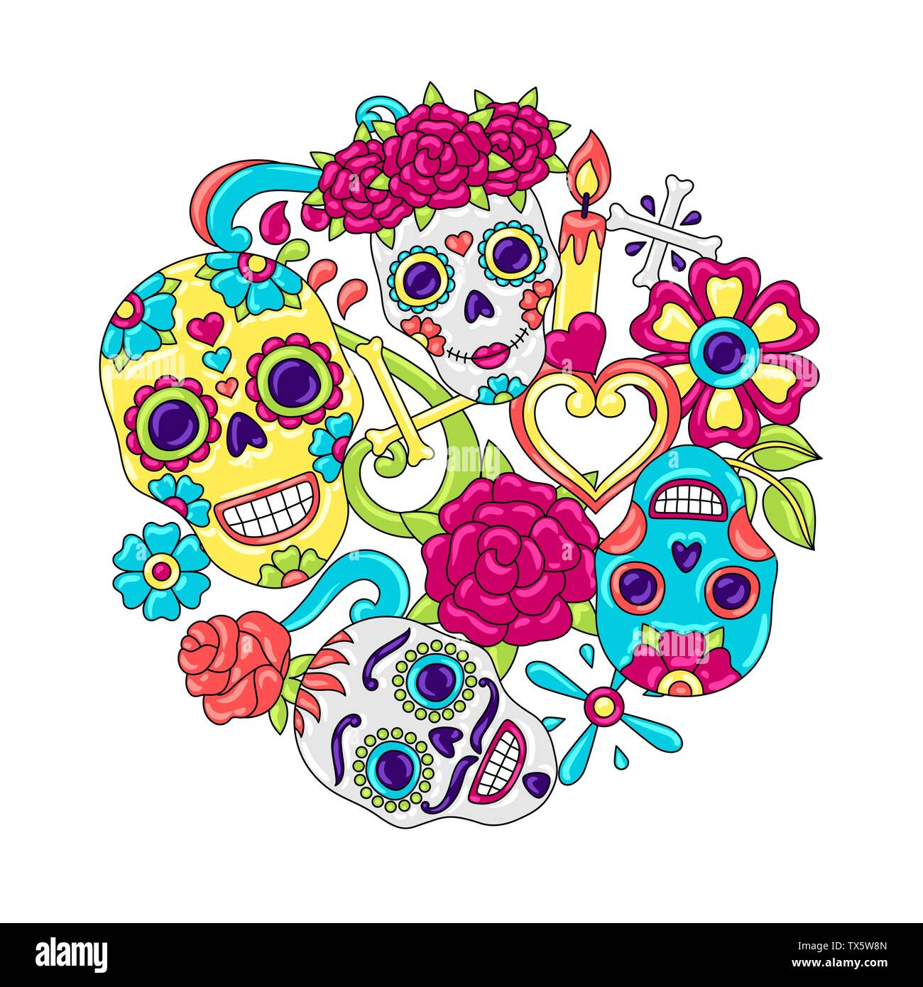 Le Jour des Morts Les carte d'invitation. Ornement floral avec des crânes de sucre. Illustration de Vecteur