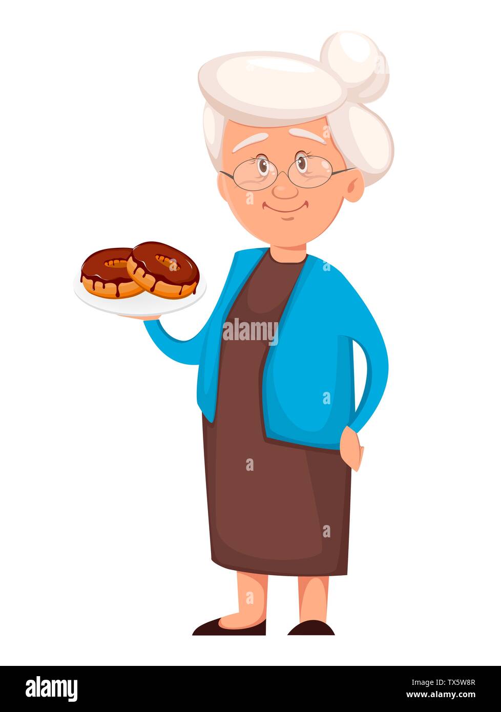 Grand-mère de délicieux donuts holding. Cute cartoon character. La journée des grands-parents heureux. Vector illustration sur fond blanc Illustration de Vecteur