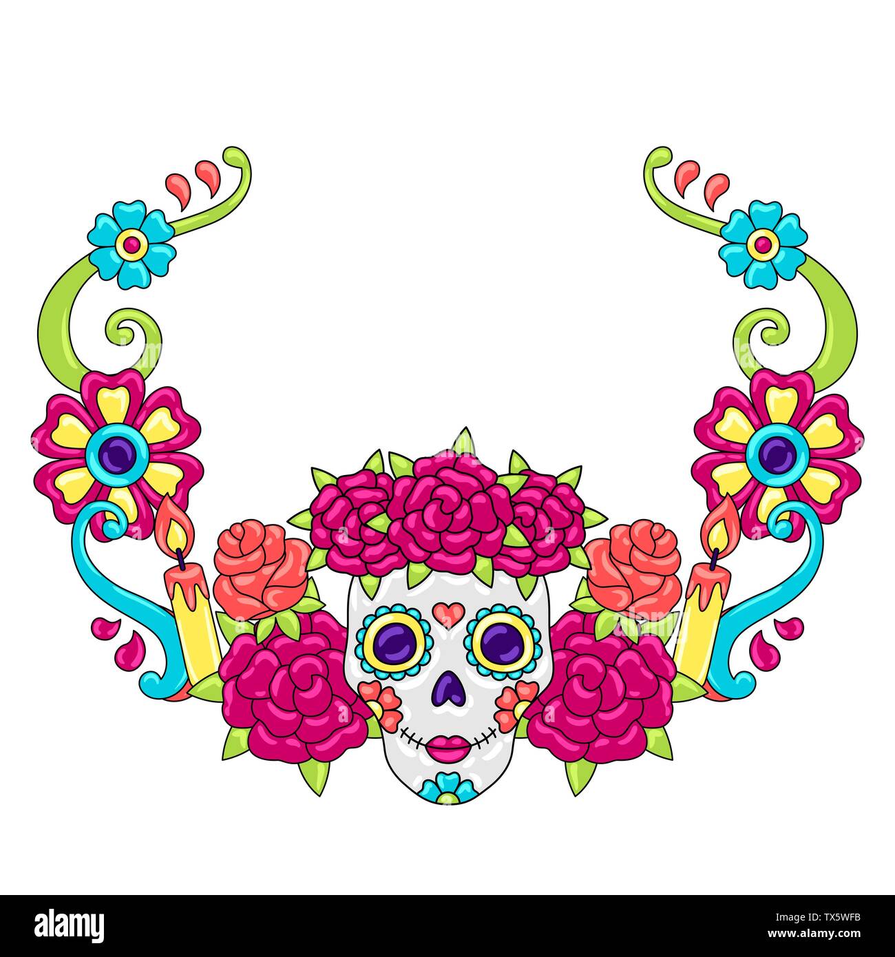 Le Jour des Morts la décoration. Ornement floral avec des crânes de sucre. Illustration de Vecteur
