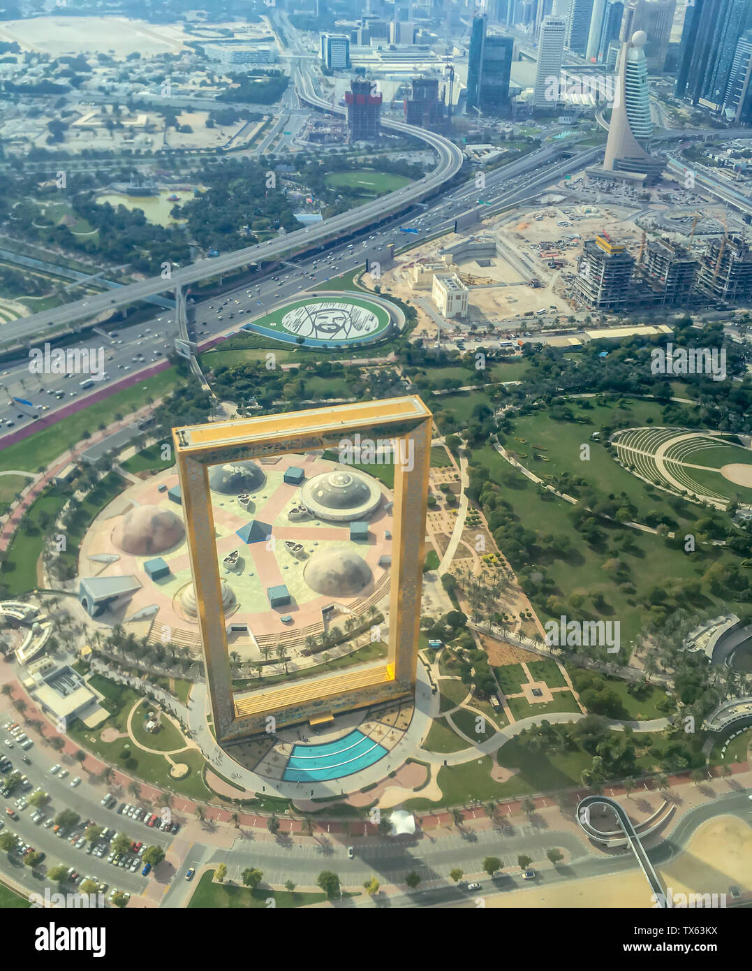 Vue aérienne de Dubaï en bâtiment à charpente Zabeel Park, Emirats Arabes Unis Banque D'Images