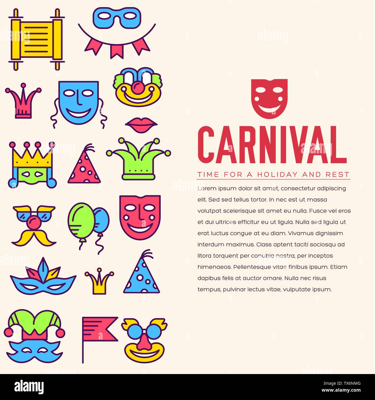 Célébration des fêtes festival de fines lignes d'équipement illustrationss set. Carnaval mascarade Vector illustrations collection design concept. Illustration de Vecteur