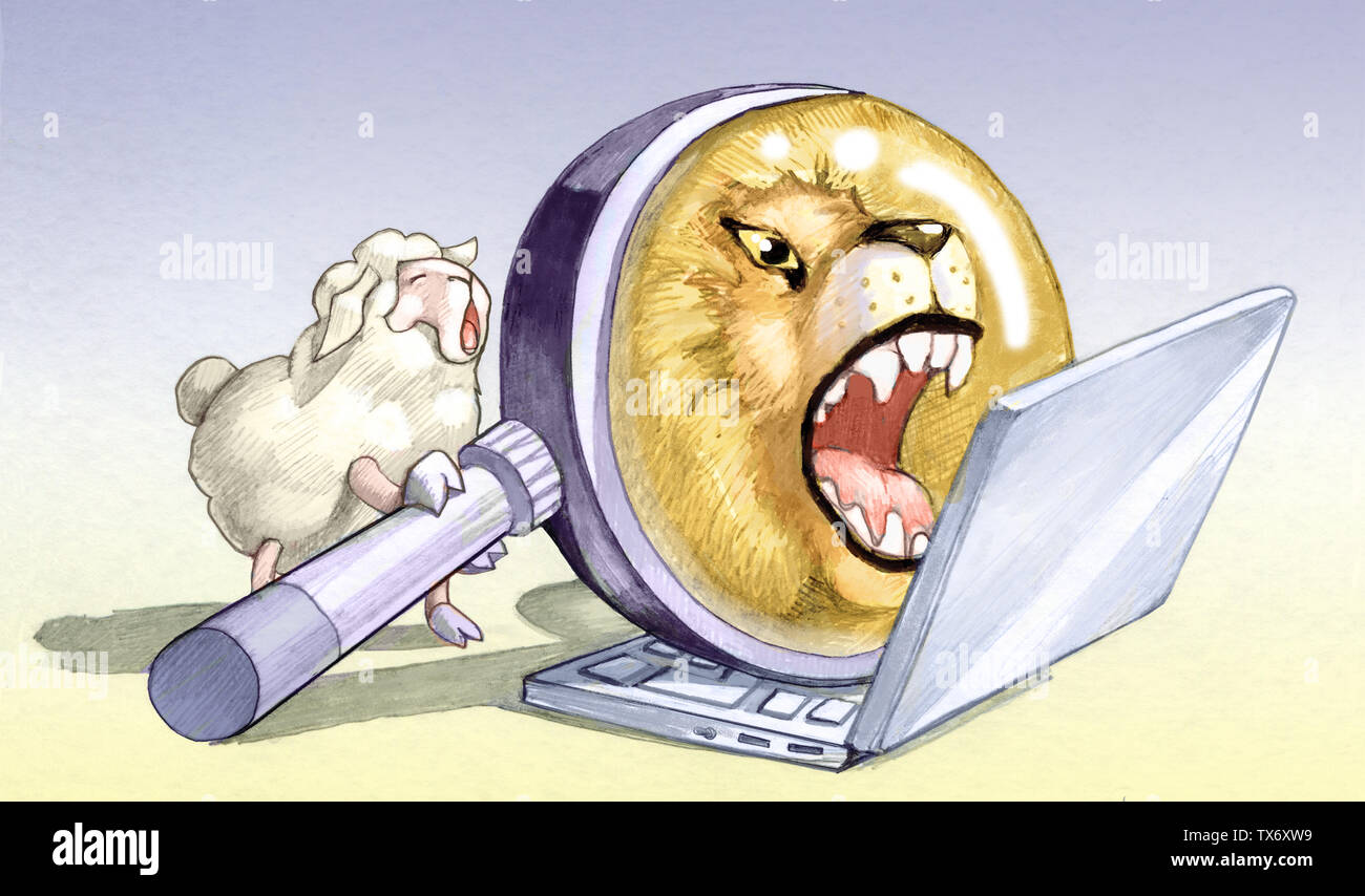 Moutons en avant de l'ordinateur utilise loupe à faire semblant d'être un lion Banque D'Images