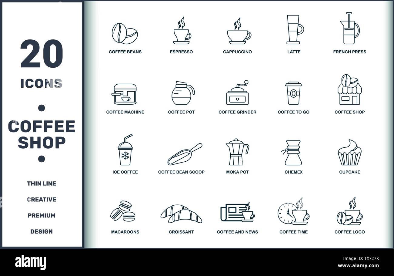 Coffe Shop set icons collection. Comprend des éléments simples tels que des grains de café, expresso, Cappuccino, Latte, Presse Française, Grain de Café Moka et Scoop Illustration de Vecteur