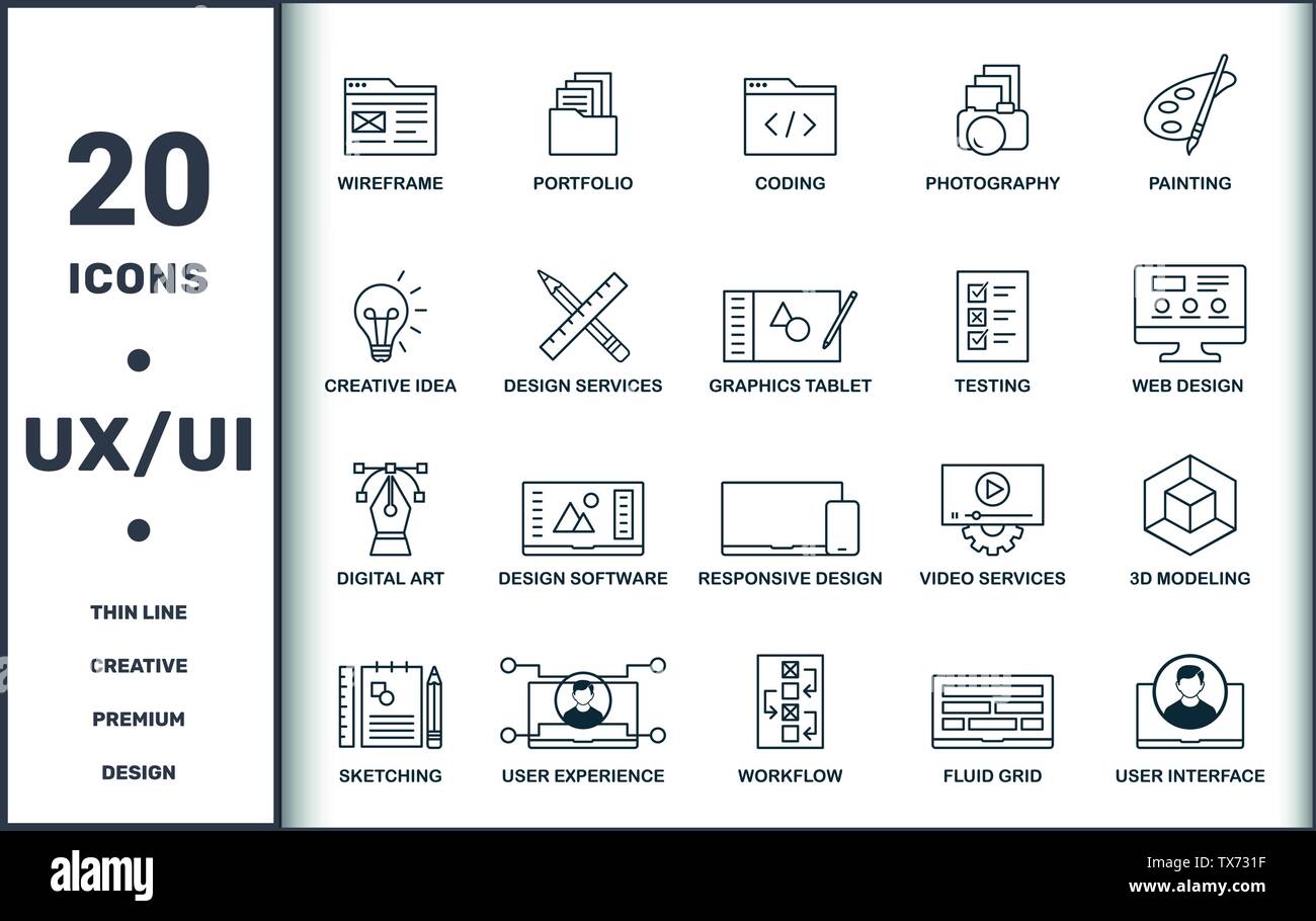L'interface utilisateur et le design ux set icons collection. Comprend des éléments simples comme le Wireframe, Portfolio, codage, photographie, peinture, dessin et de logiciels Illustration de Vecteur