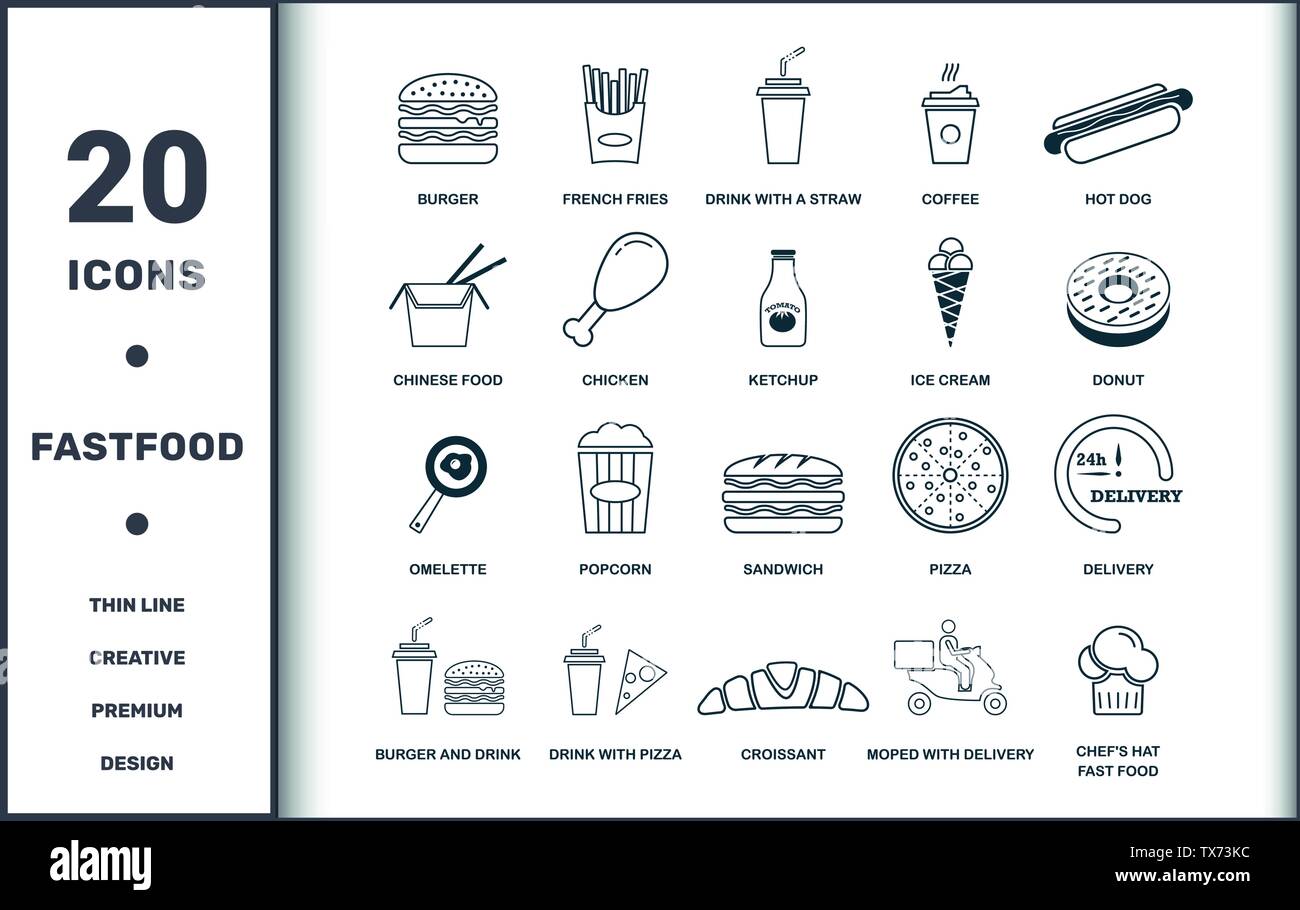 Collection de jeux de lignes fines de fastfood icons. Inclut des éléments créatifs tels que Burger, frites, boisson avec PAILLE, café, hot dog, pizza et Illustration de Vecteur