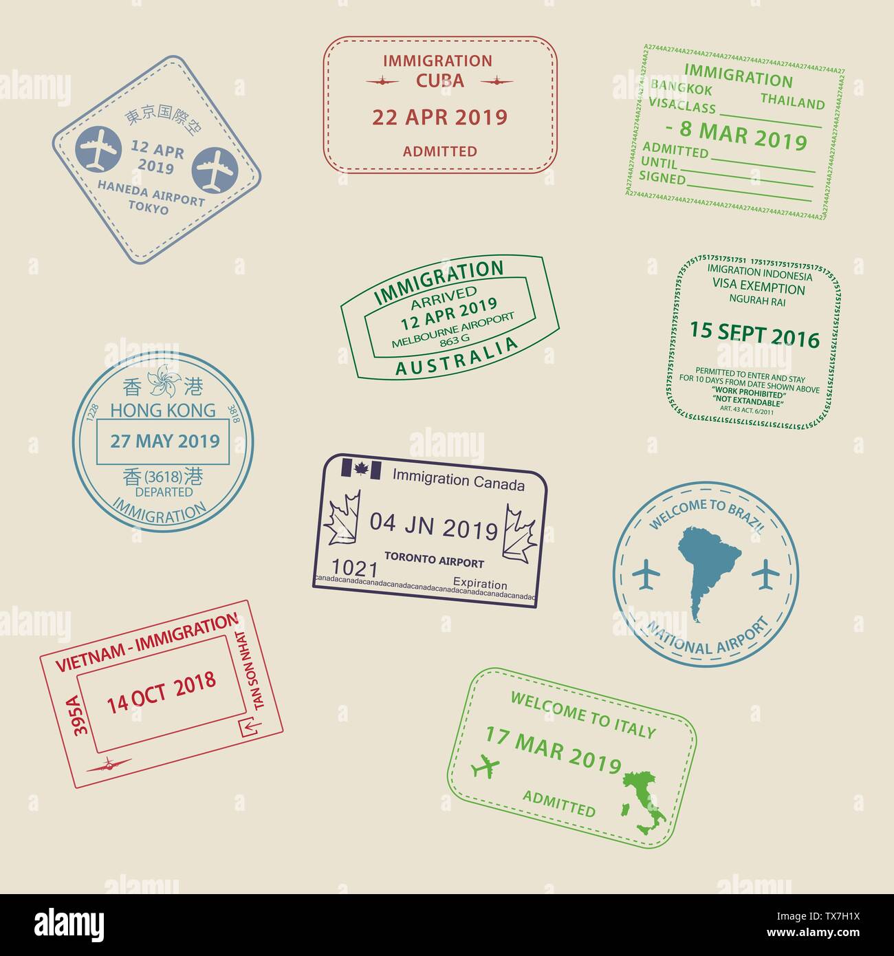 Ensemble de voyage passeport Visa International pour l'ouverture d'icônes de  timbres de l'Australie, la Thaïlande, le Brésil, le Canada, Cuba, Hong  Kong, Indonésie, Vietnam Image Vectorielle Stock - Alamy