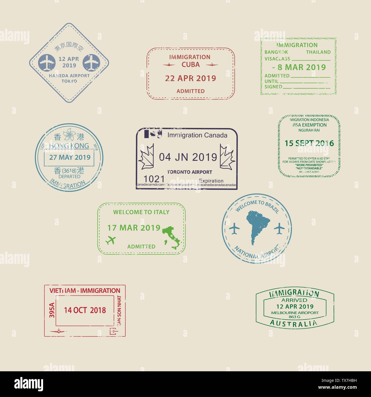 Ensemble de voyage passeport Visa International pour l'ouverture d'icônes  de timbres de l'Australie, la Thaïlande, le Brésil, le Canada, Cuba, Hong  Kong, Indonésie, Vietnam avec g Image Vectorielle Stock - Alamy