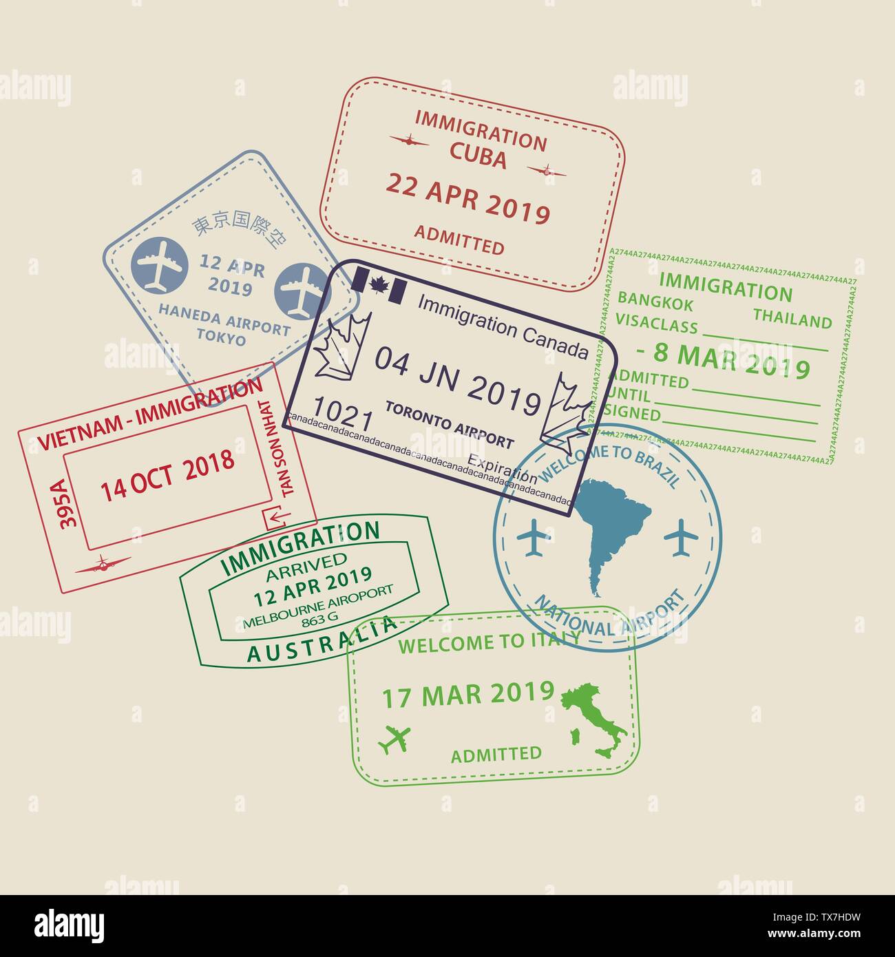 Ensemble de voyage passeport Visa International pour l'ouverture d'icônes  de timbres de l'Australie, la Thaïlande, le Brésil, le Canada, Cuba, Hong  Kong, Indonésie, Vietnam Image Vectorielle Stock - Alamy