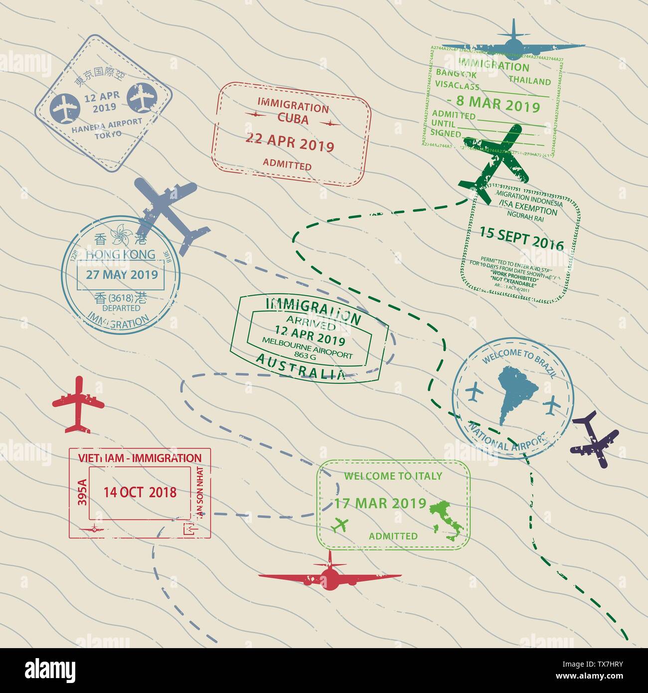 Ensemble de timbres de passeport des visas de voyage international pour les icônes sur fond de voyageurs Illustration de Vecteur