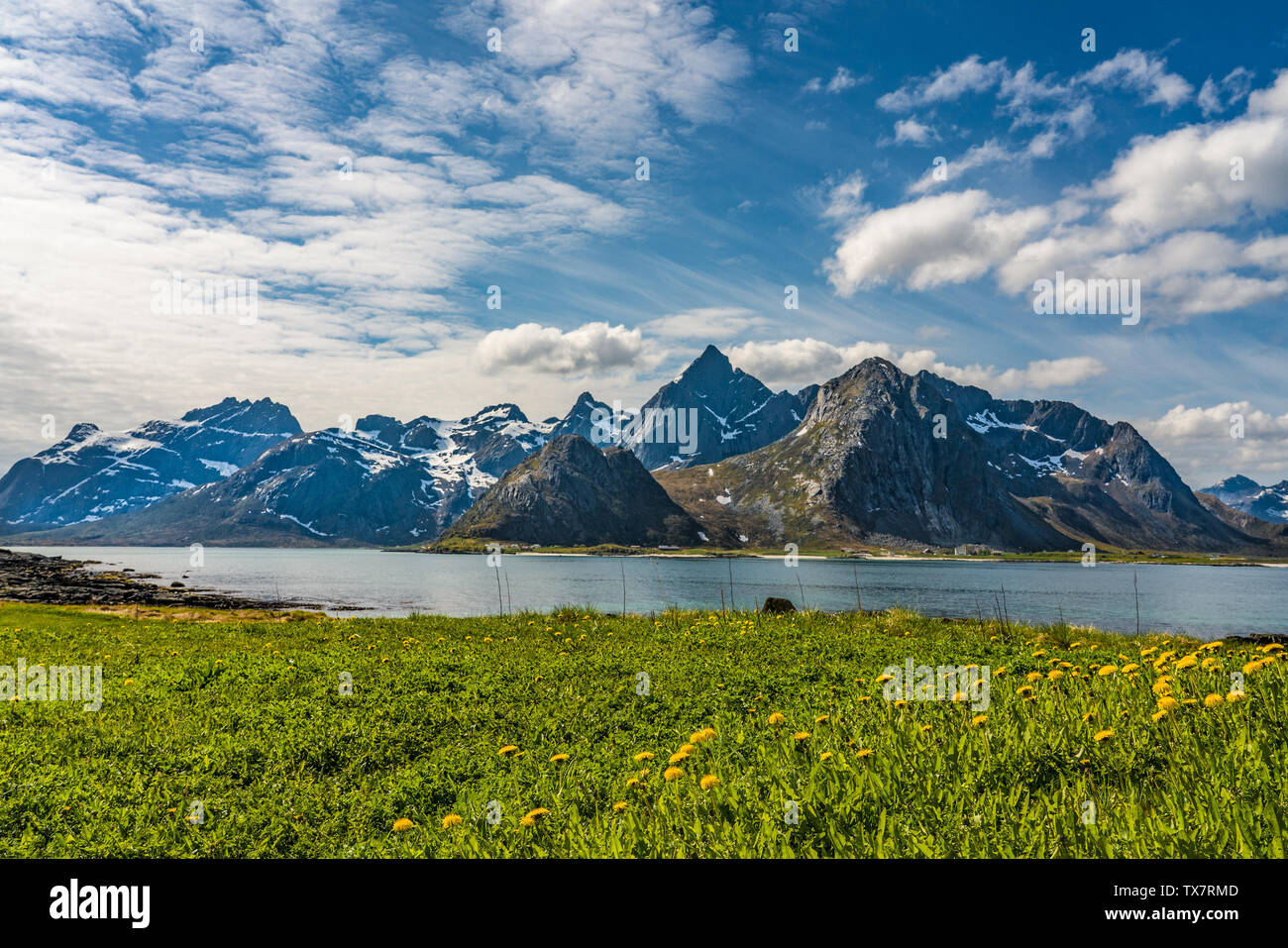 Belle et spectaculaire fjord, îles Lofoten, Norvège sur une journée de printemps ensoleillée avec les dernières neiges sur les montagnes Banque D'Images