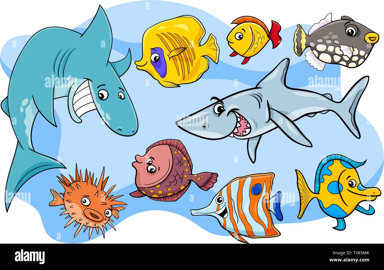 Cartoon Illustrations de poissons marins Sea Life Groupe Caractères Animaux Illustration de Vecteur