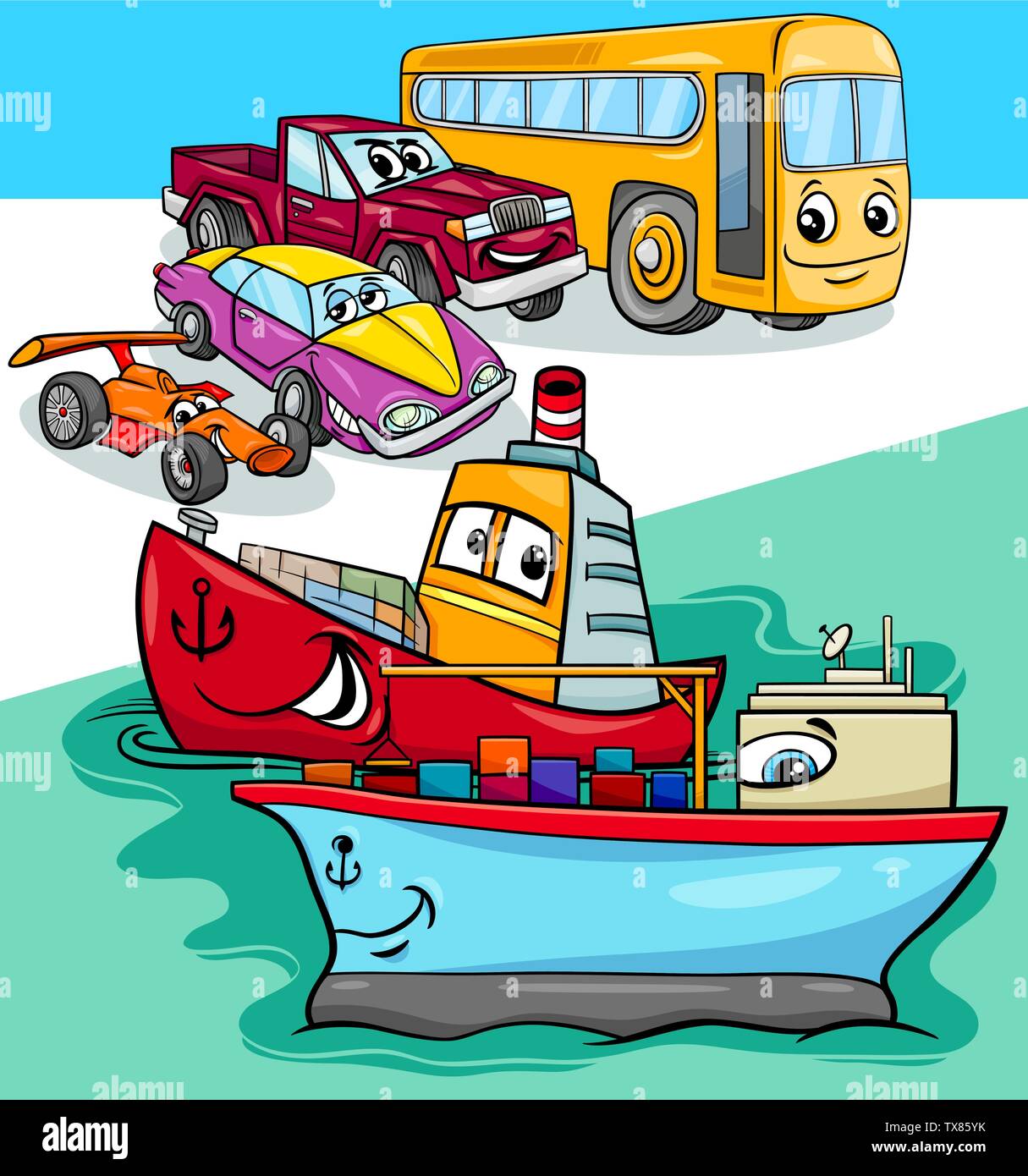 Cartoon Illustration de Funny Cars et véhicules Navires Groupe Personnages comiques Illustration de Vecteur