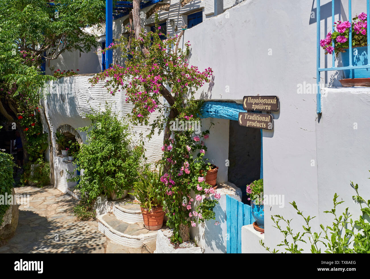 Les panneaux pour les produits traditionnels dans le village de Volakas. Tinos, Grèce. Banque D'Images