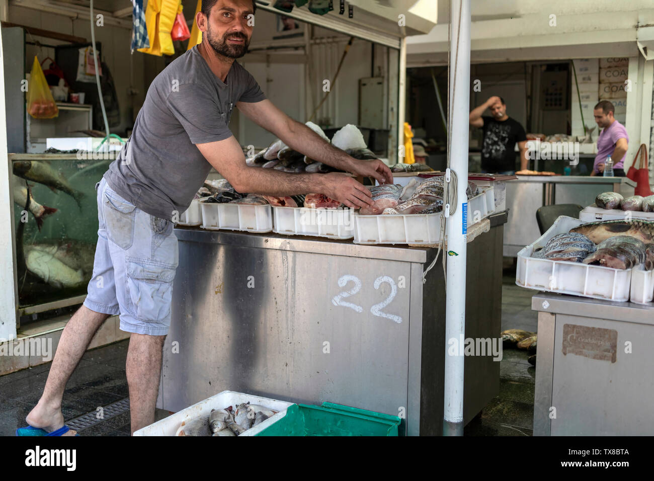 Belgrade, Serbie, 22 juin 2019 : Vendeur tri du poisson sur son stand au marché vert Zemun Banque D'Images