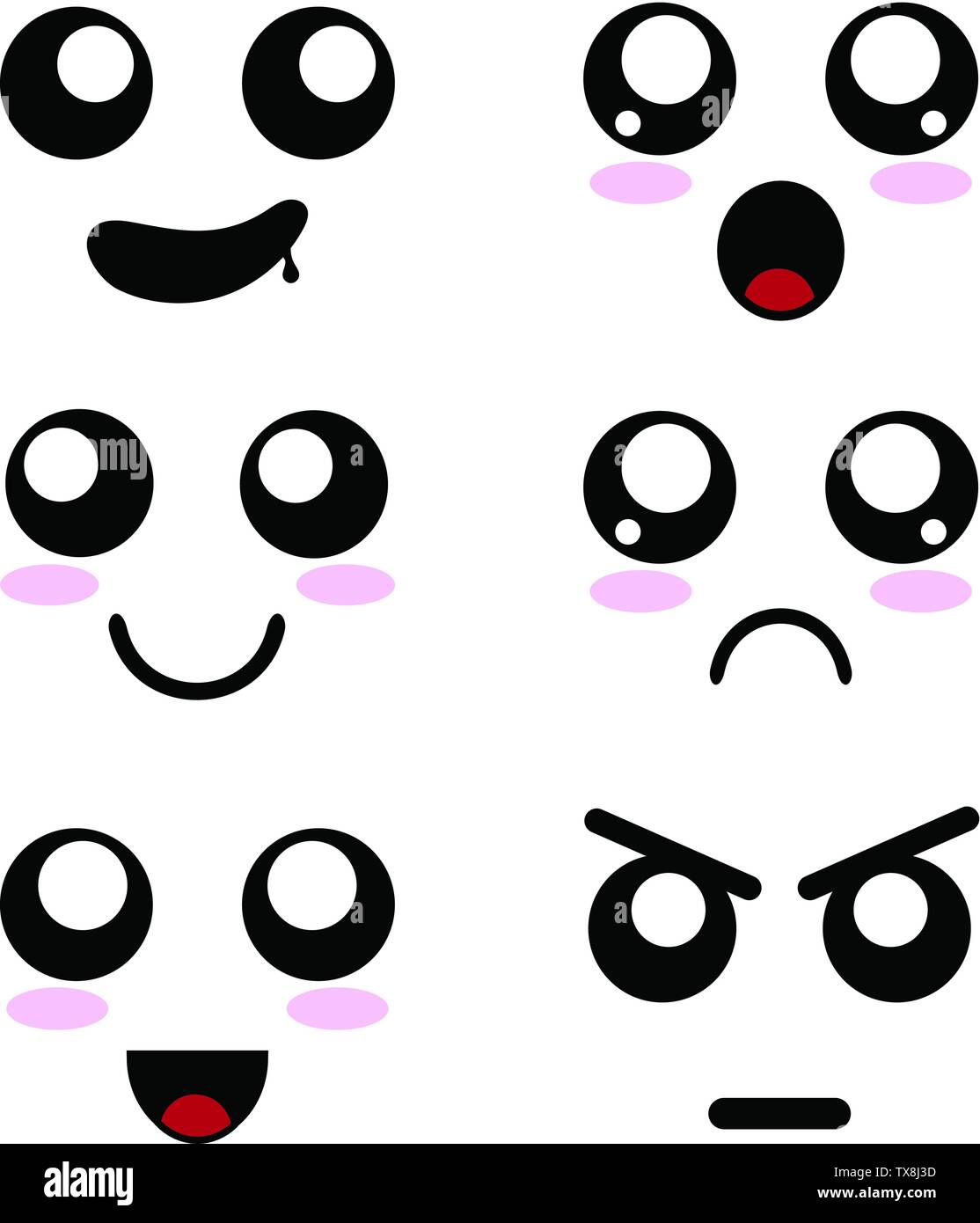 Ensemble d'expressions des visages Cartoon. Émoticônes dans le style d'Anime. Illustration vecteur d'émotions pour votre conception. Illustration de Vecteur