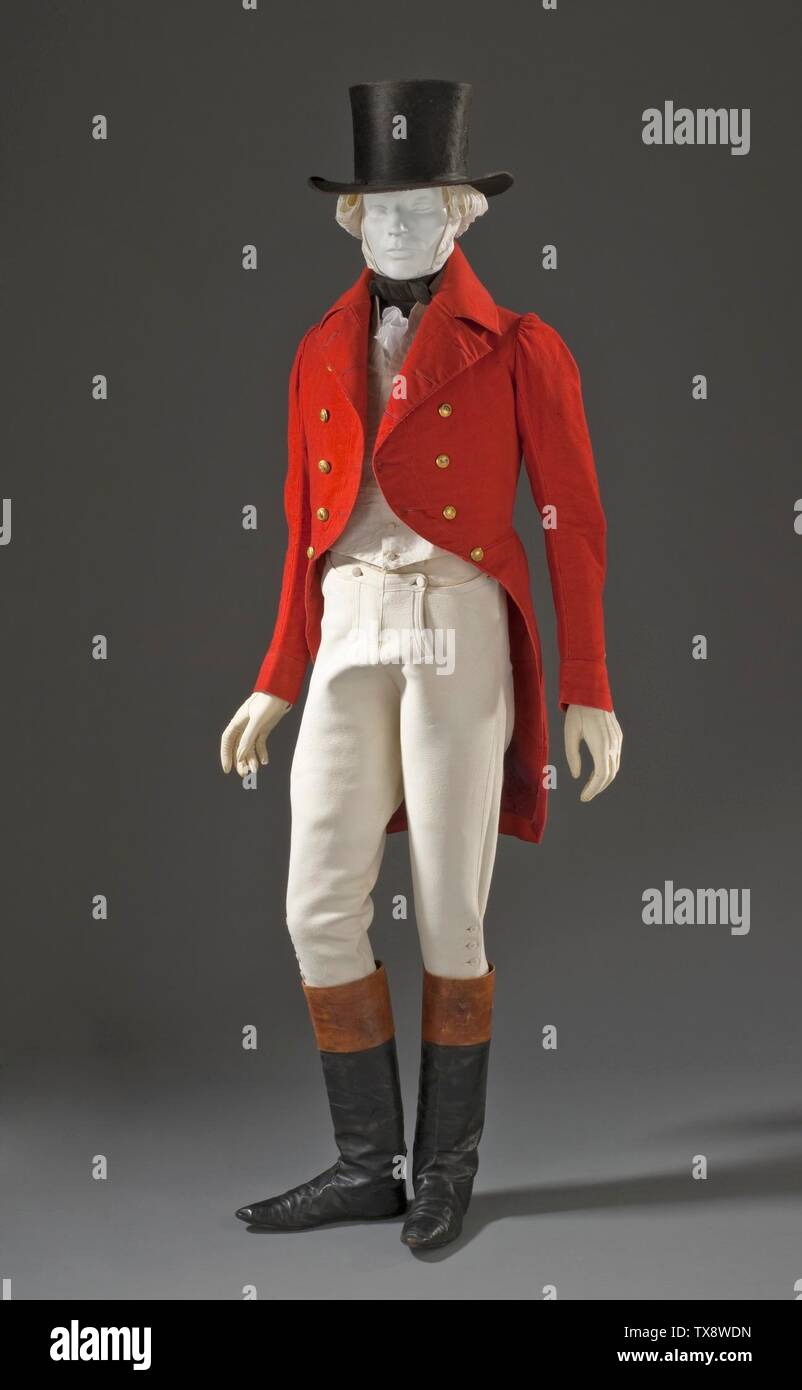 Veste de chasse de lâ€™homme (image 1 de 8); Ecosse, 1825-1830 costumes;  tenue principale (haut du corps) tissée de laine unie, finition complète  Centre longueur du dos A: 39 in. (99,06 cm)