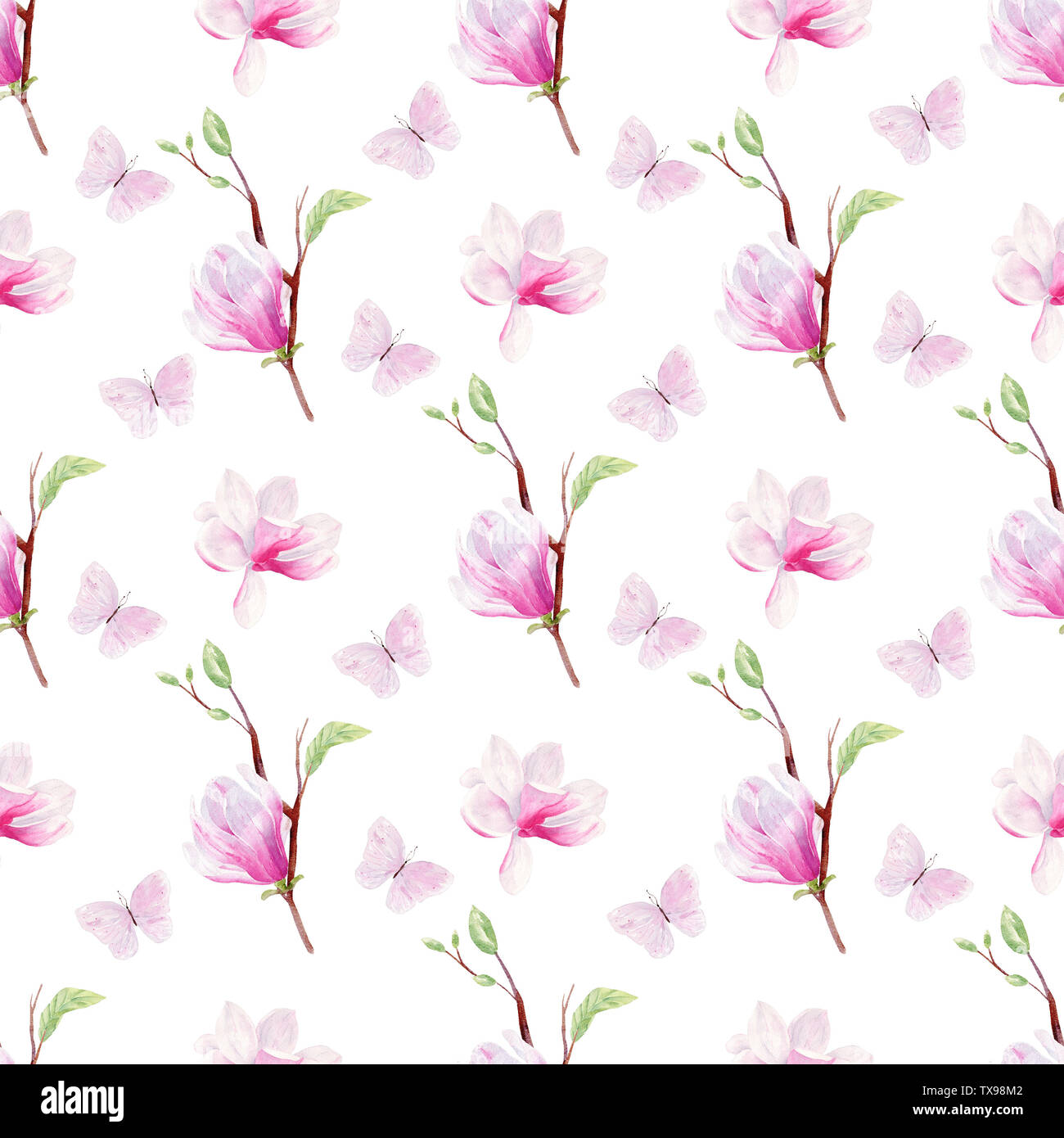 Papillons et fleurs Aquarelle dessiné à la main motif transparent. Branche d'arbre de magnolia texture tramée. Fleur fleurs de l'est sur fond blanc. Ge Banque D'Images