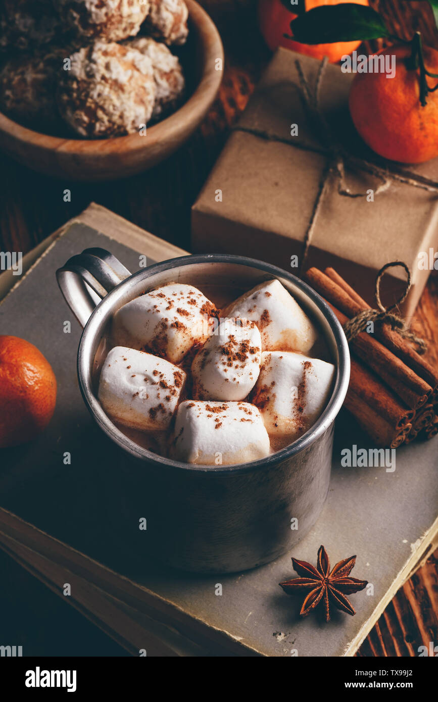 Rustic tasse de chocolat chaud avec des guimauves dans cadre rustique Banque D'Images