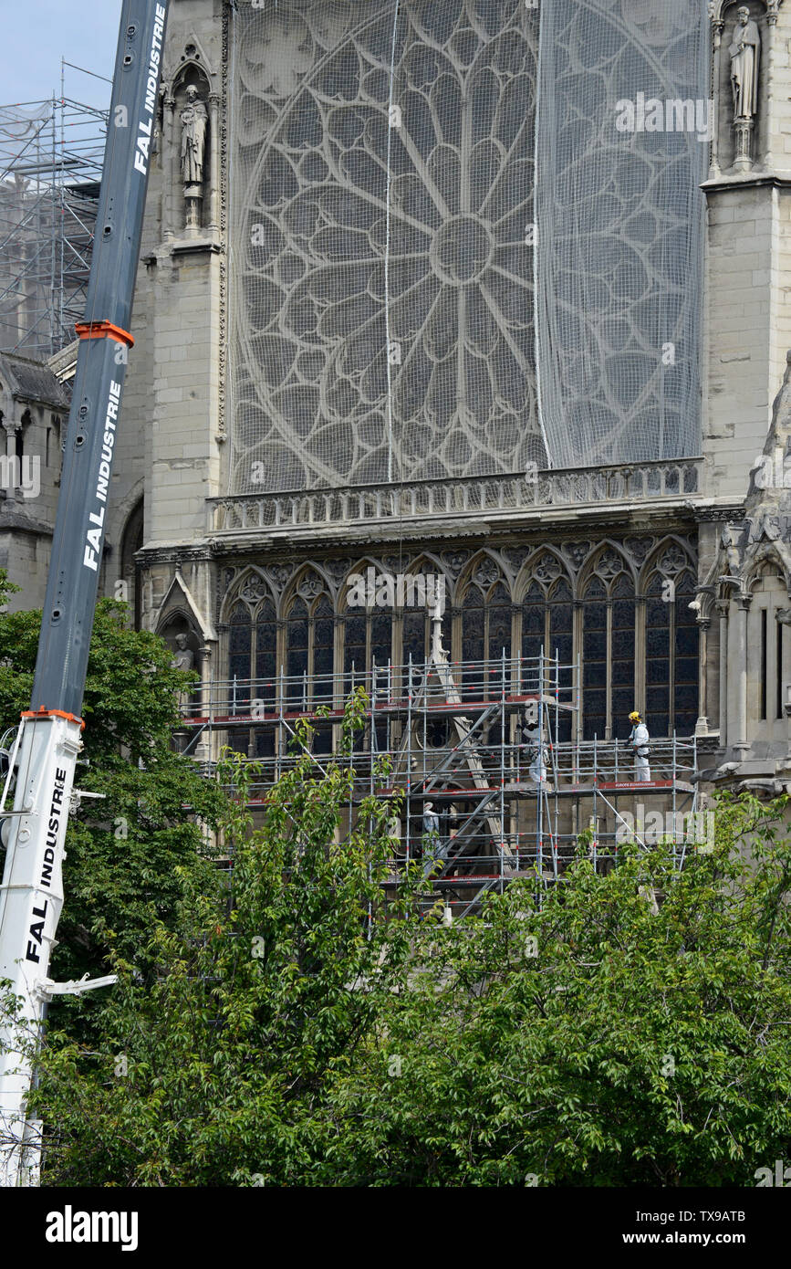Paris, France. 24 juin 2019. Les travaux de restauration se poursuivent sur Notre Dame Cathédrale après l'incendie dévastateur en avril. Installer les travailleurs de la construction à côté de l'échafaudage structure massive. G.P. Essex/Alamy Live News Banque D'Images