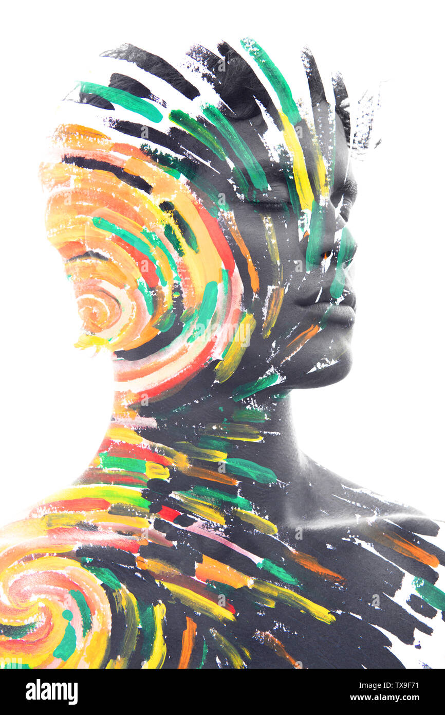 Paintography. Double exposition de la photographie de portrait combiné avec de l'oeuvre peint main. Banque D'Images