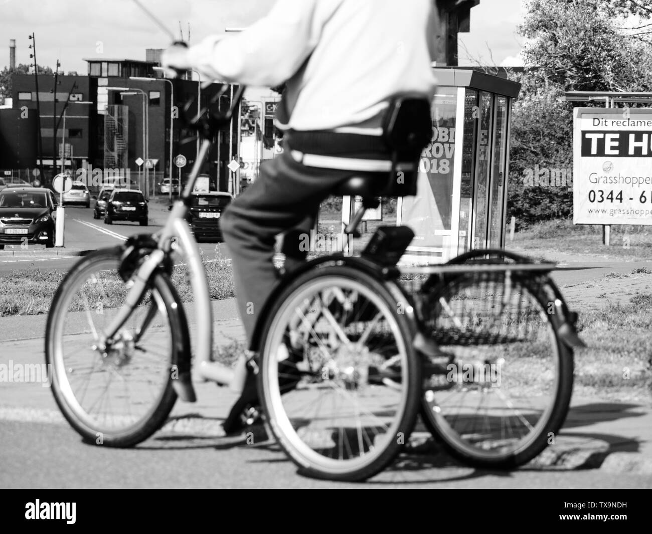 Amsterdam, Pays-Bas - Aug 20, 2018 : senior man driving Tricycle électrique verticale moderne au centre d'Amsterdam sur un vélo route dédié - noir et blanc Banque D'Images