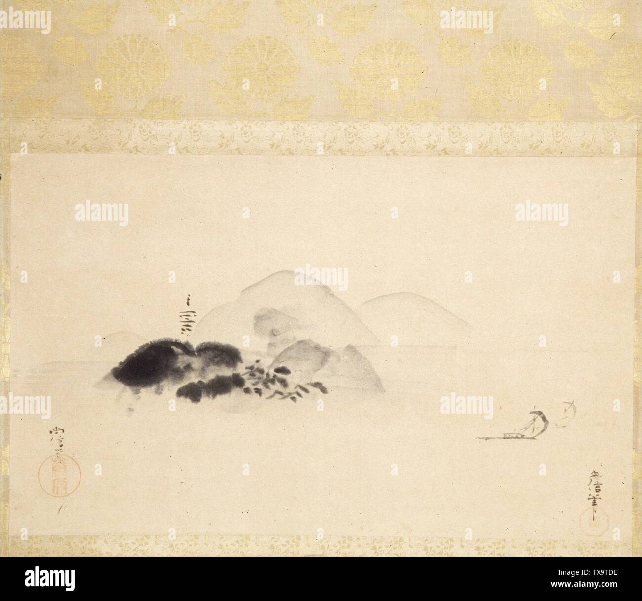 Montagnes avec pagode et Deux Voiliers; Japon, Peintures du XVIIe siècle; défilement à rouleaux; encre sur papier image: 12 7/8 x 21 1/8 in. (32,7 x 53,7 cm) ; montage : 47 x 21 3/4 po. (119,4 x 55,3 cm) Cadeau de Margot et Hans Ries (AC1998.112.4) Art japonais ; date du XVIIe siècle QS:P571,+1650-00-00T00:00:00Z/7 ; Banque D'Images