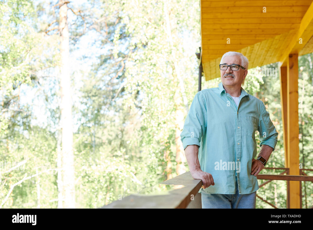 Senior homme retraité dans casualwear détente dans country house Banque D'Images