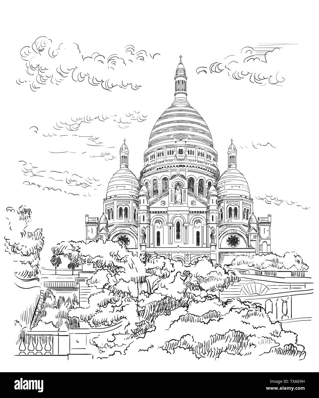 Vector Illustration dessin main de Montmartre (Paris, France). Monument de Paris. Basilique du Sacré Coeur avec la ville. Dessin vectoriel illustrati Illustration de Vecteur